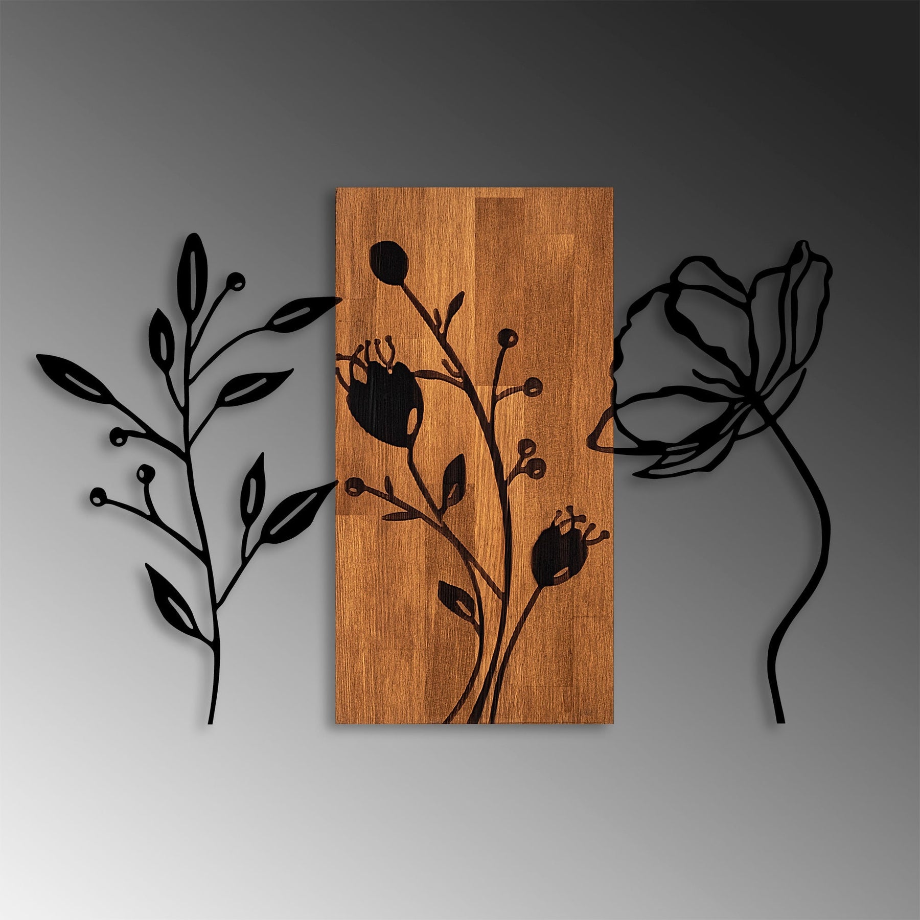 Decoratiune perete Triple Flowers, lemn/metal, 86x58 cm