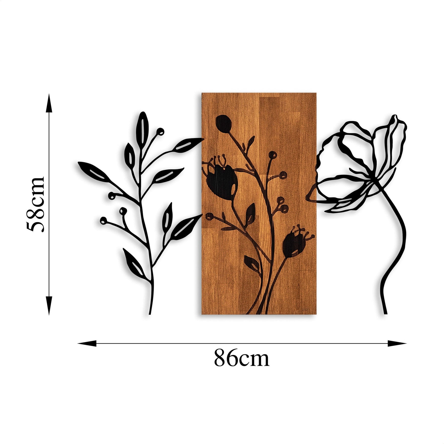Decoratiune perete Triple Flowers, lemn/metal, 86x58 cm