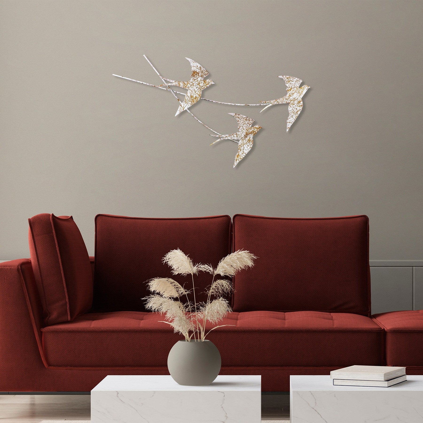Decoratiune perete Wallow 6, alb/auriu, metal, 70x42 cm