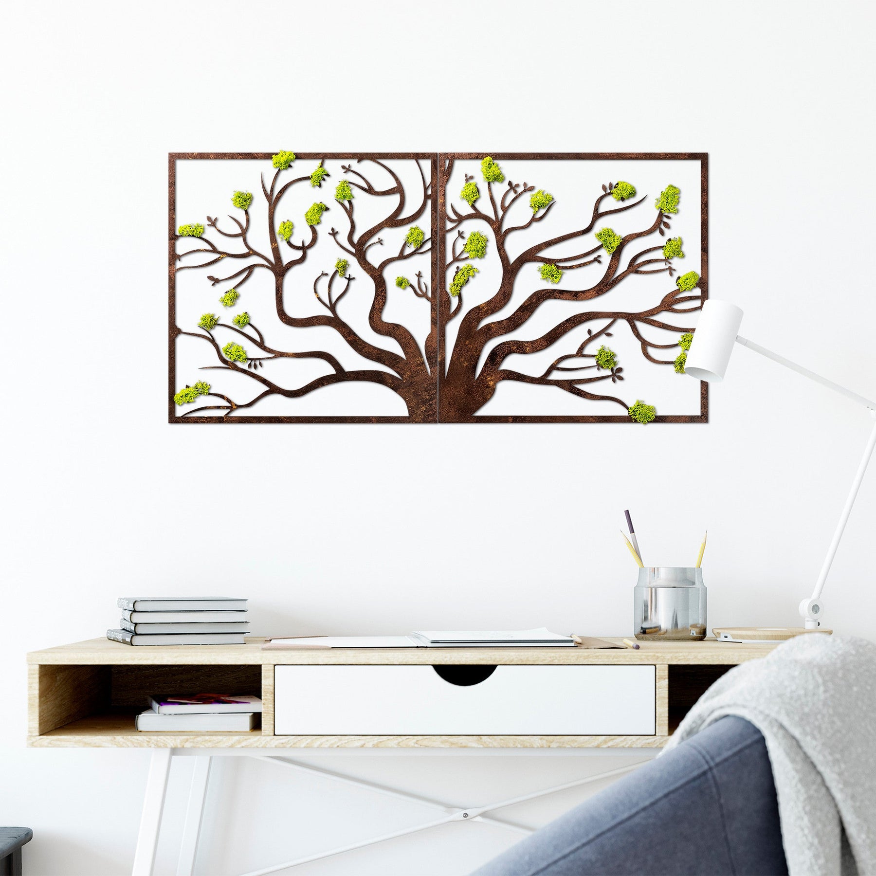 Decoratiune perete Tree 1, maro/verde, muschi, 90x1x44 cm