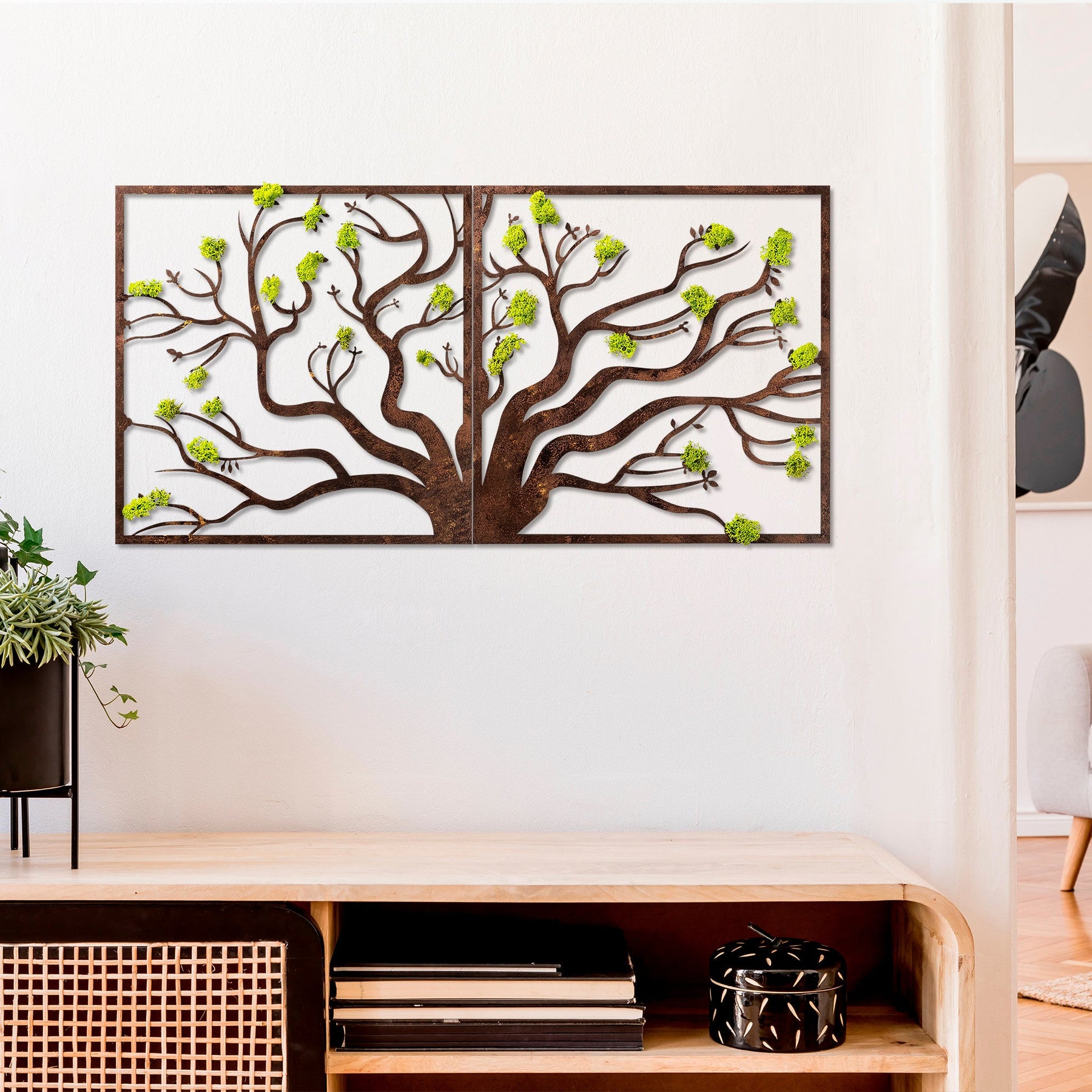 Decoratiune perete Tree 1, maro/verde, muschi, 90x1x44 cm