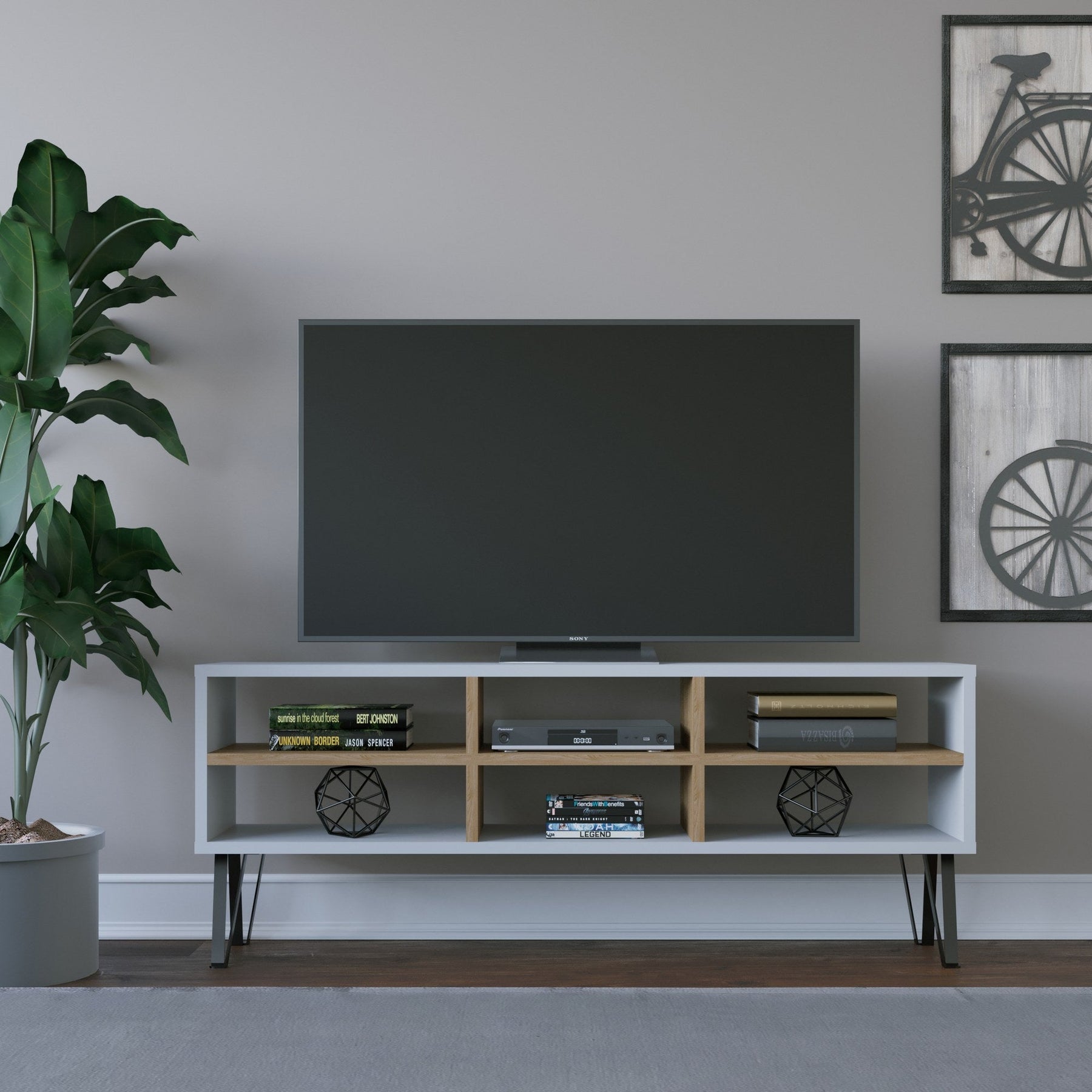 Comoda TV Judd, alb/stejar, PAL, 120x25x47 cm