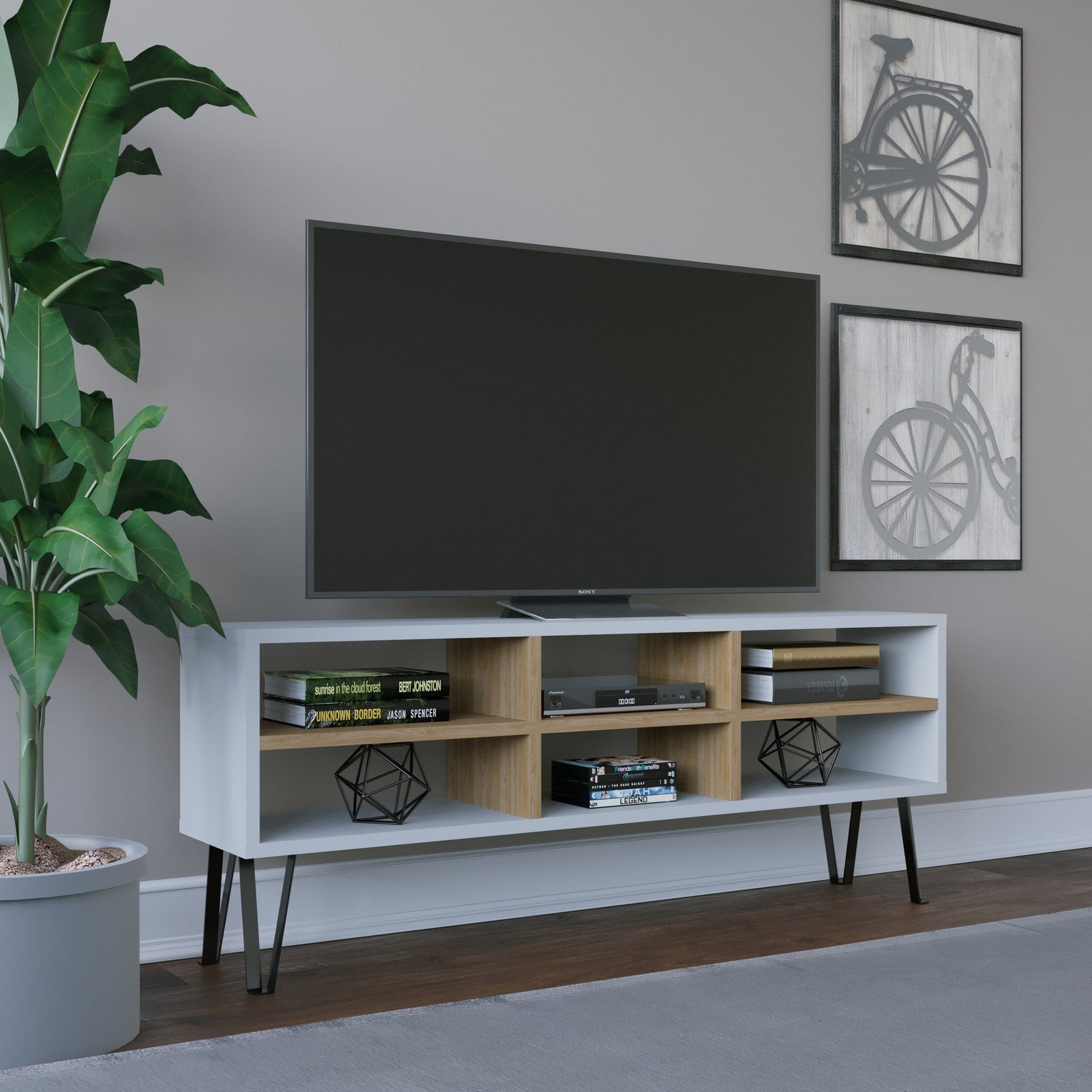 Comoda TV Judd, alb/stejar, PAL, 120x25x47 cm