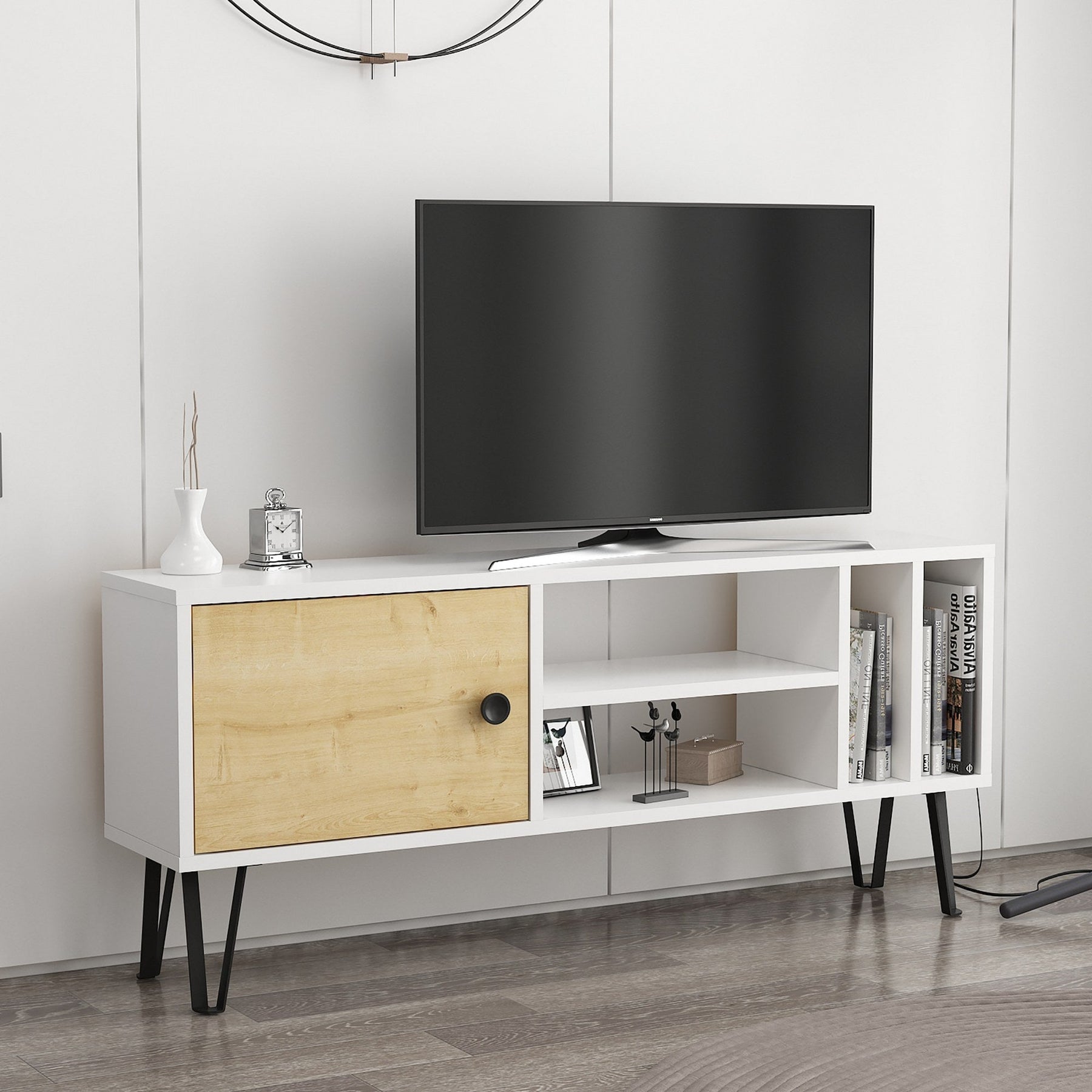 Comoda TV Arven, alb/stejar, 120x25x52 cm