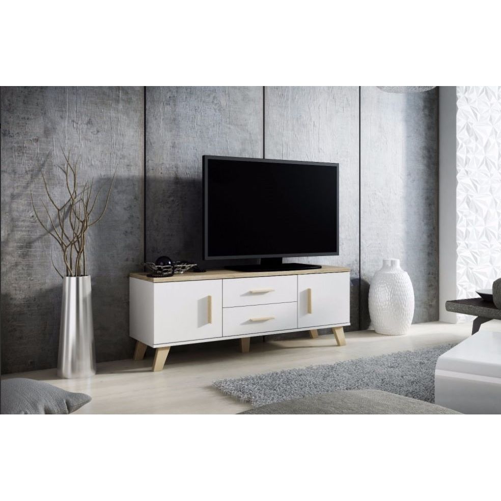 Comoda tv cu picioare Lotta, alb/sonoma, 140x40x53 cm