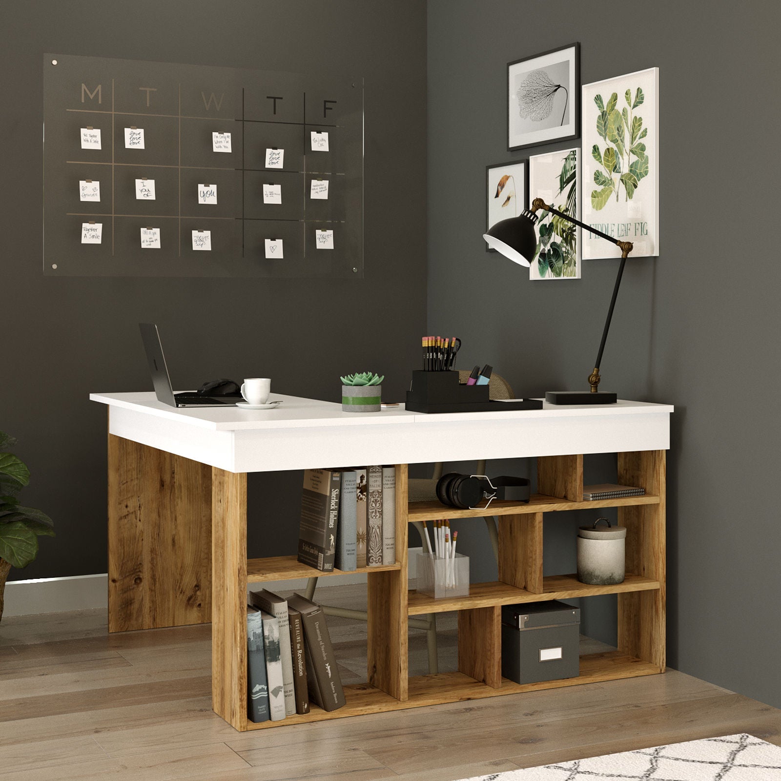 Birou CT5-AW, alb/pin, PAL melaminat, 129x72x120 cm