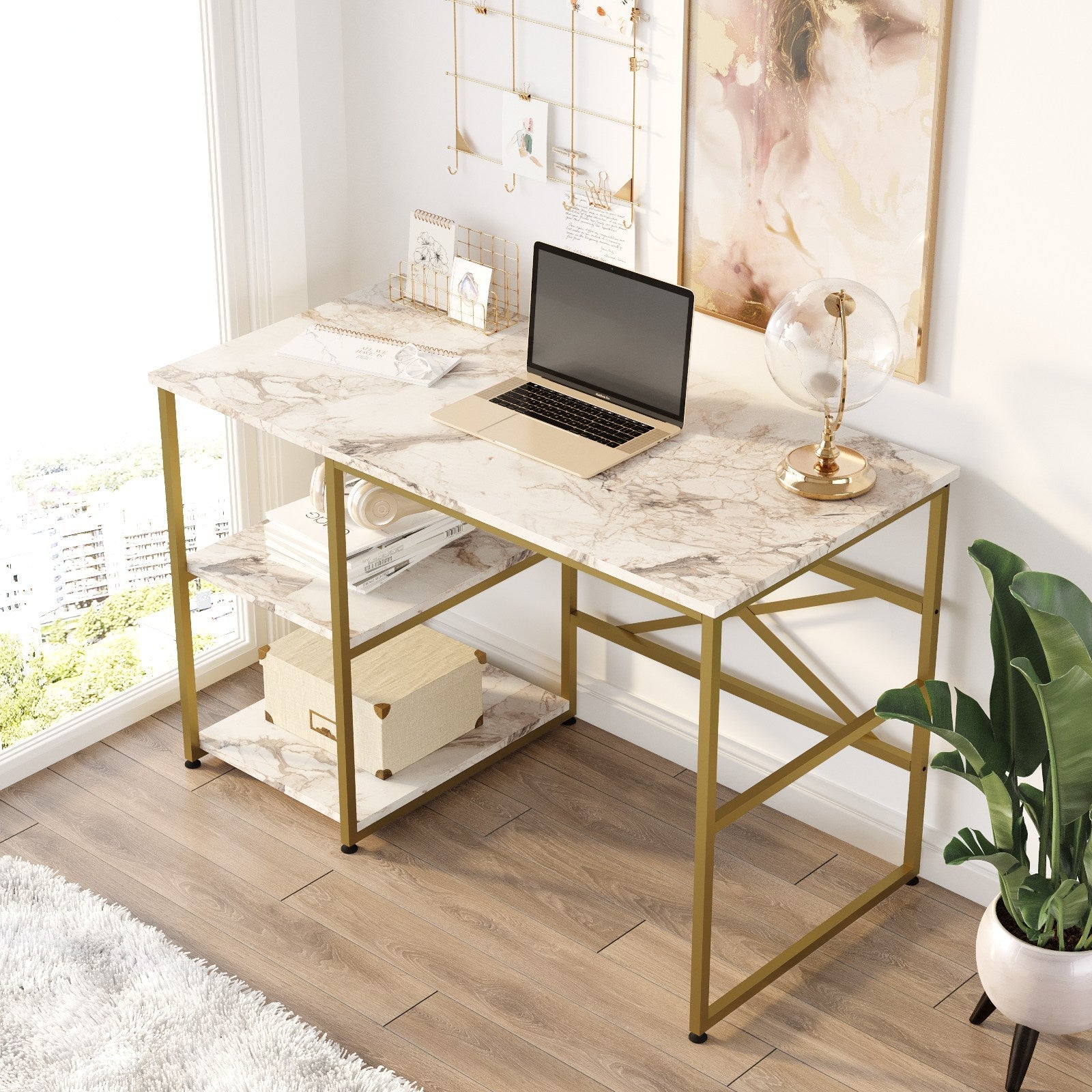 Birou VG23-GE, auriu/alb, PAL melaminat/metal, 120x75x60 cm