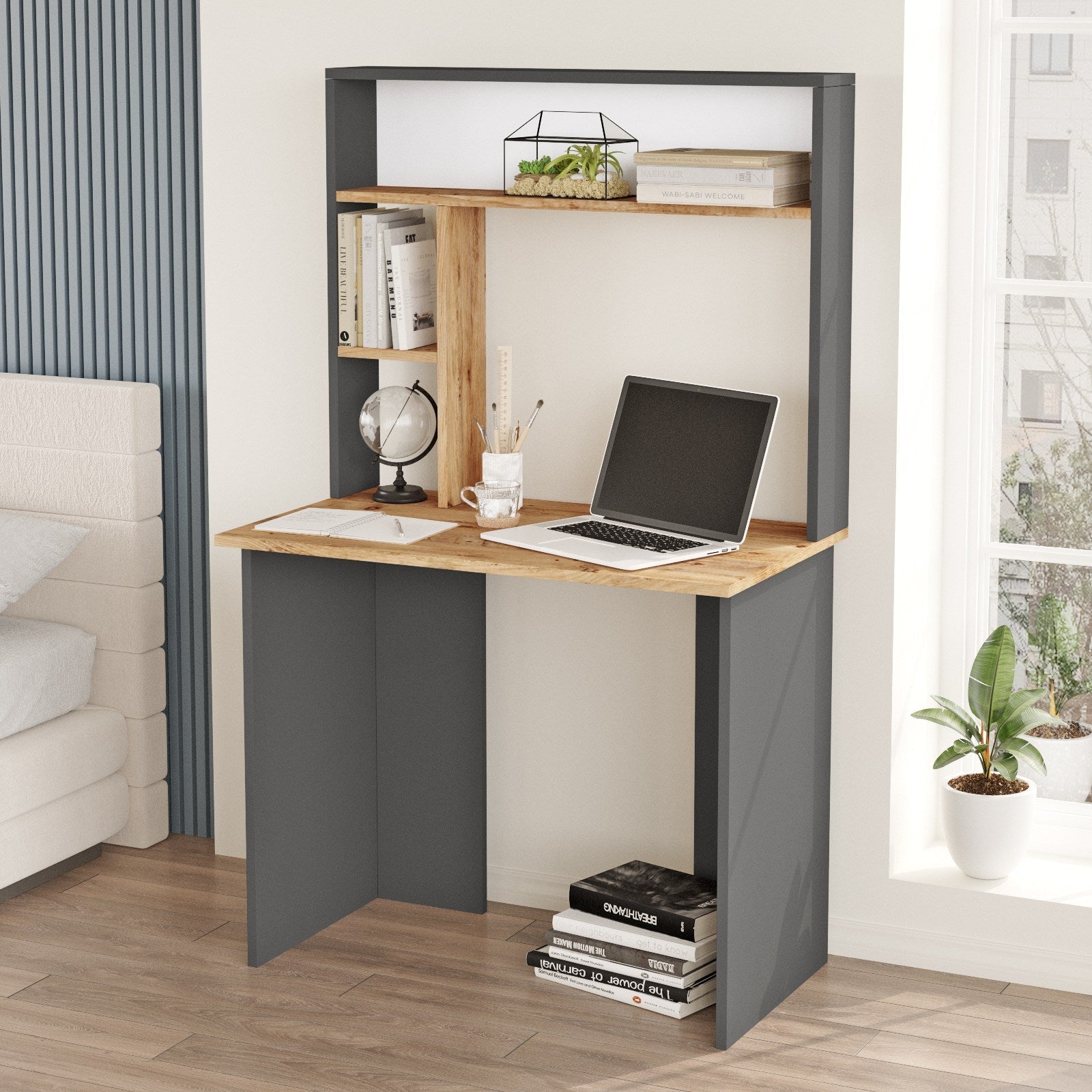 Birou BR2-AA, gri/stejar, PAL, 90x52x149 cm