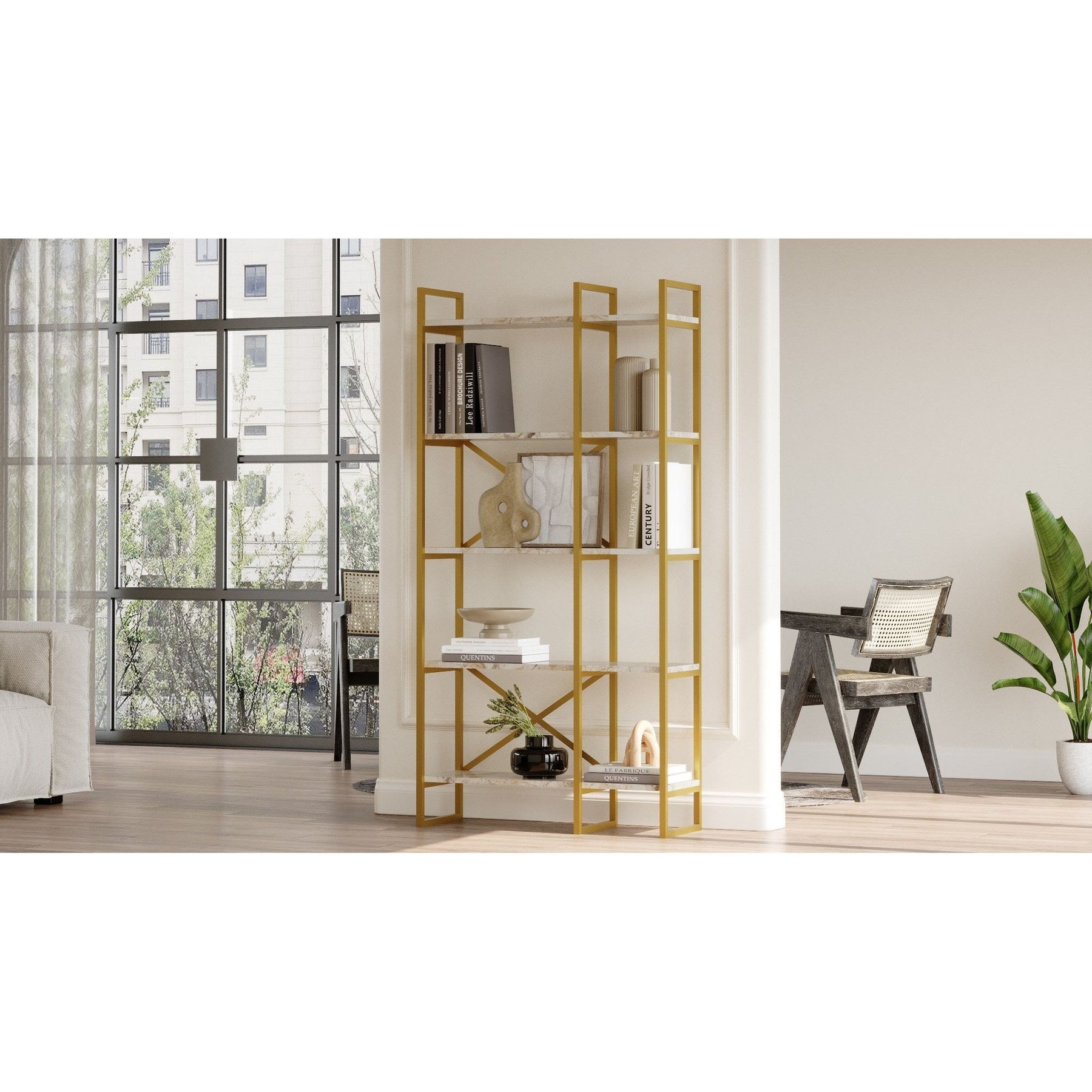Biblioteca VG4-GE, marmura/auriu, 100% PAL melaminat, 88x175x30 cm