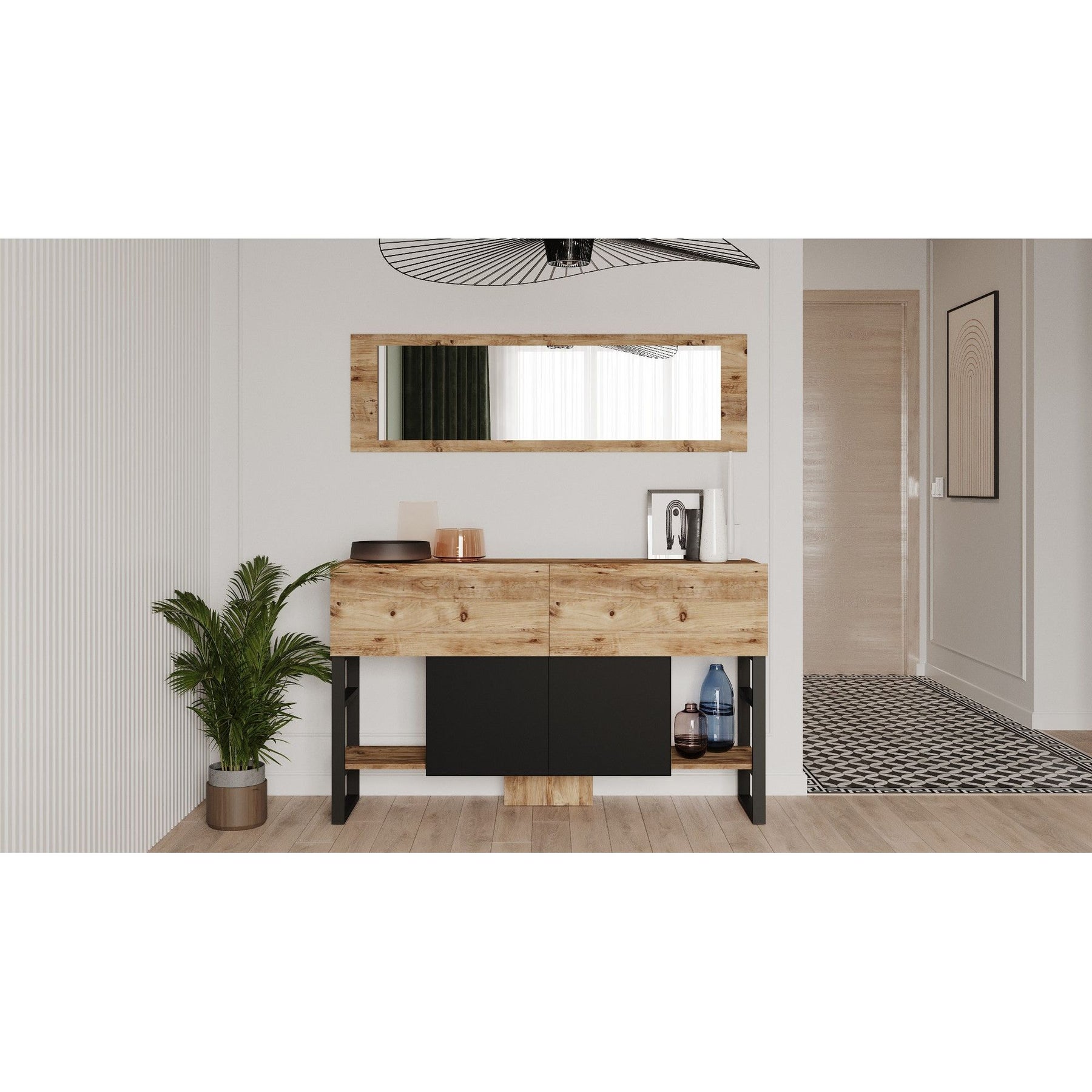 Set comoda si oglinda hol ML26-A, stejar/negru, PAL/metal