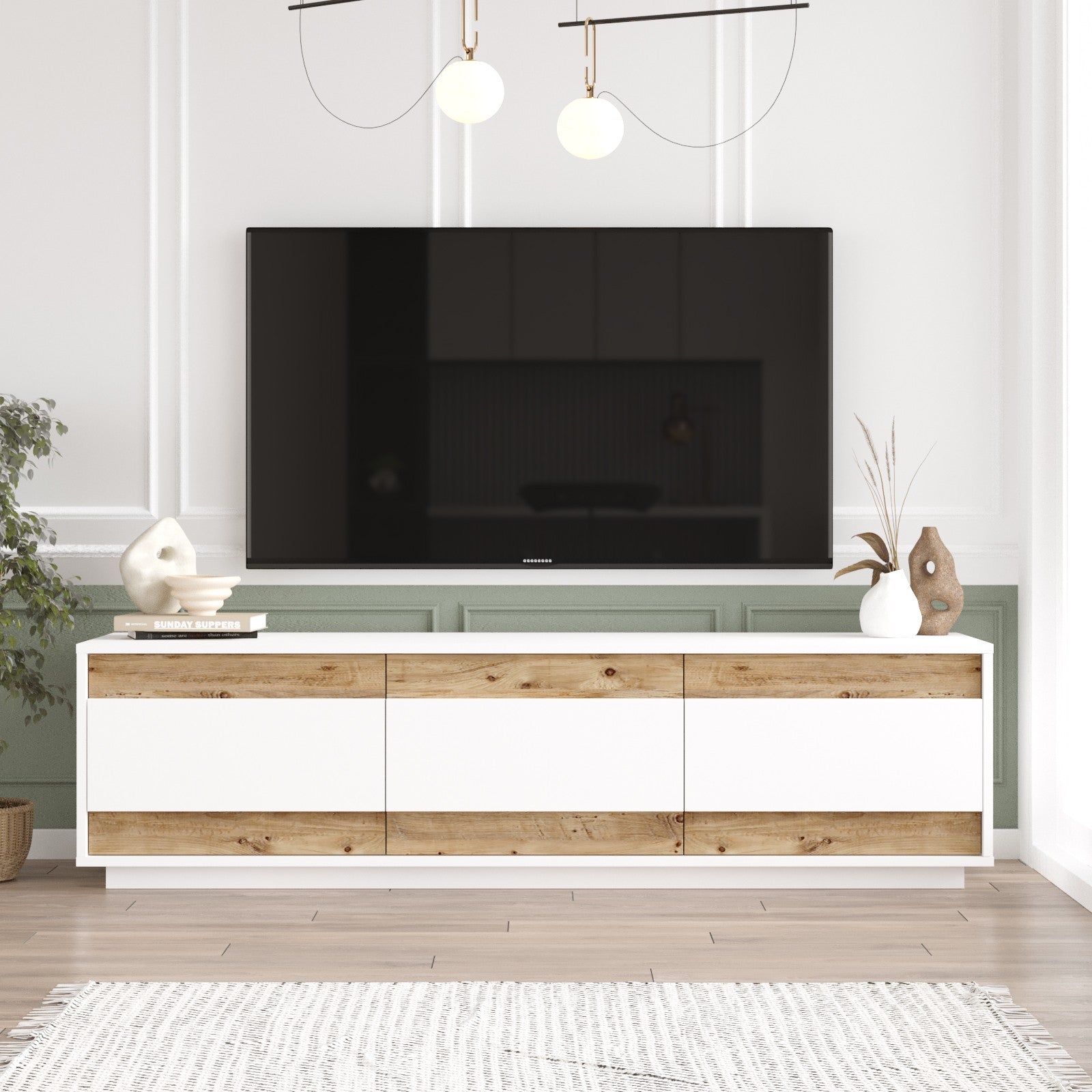 Comoda TV FR4-AW, alb/stejar, PAL, 180x45x49 cm