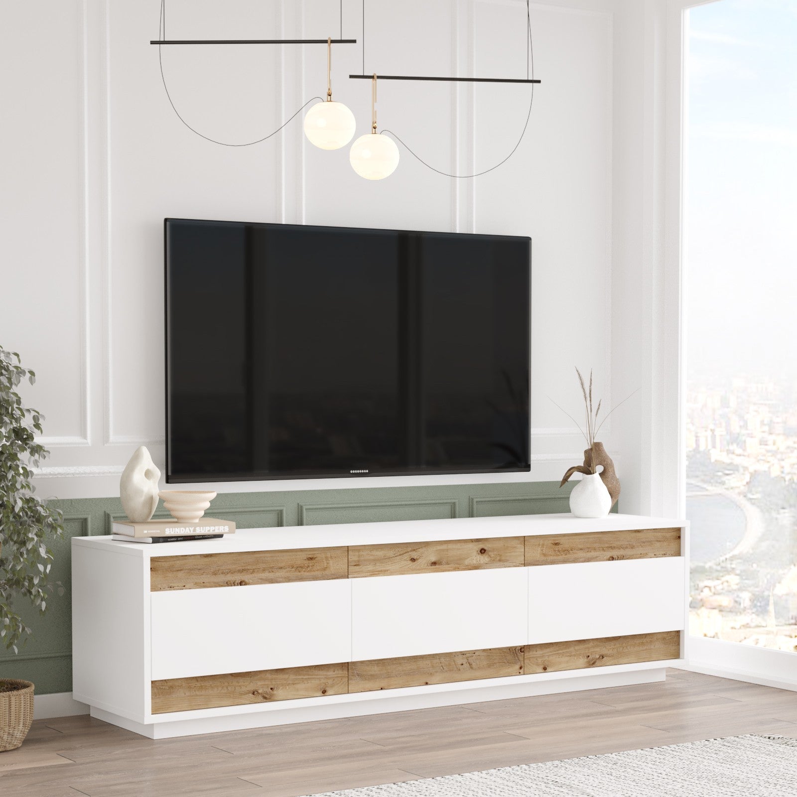 Comoda TV FR4-AW, alb/stejar, PAL, 180x45x49 cm