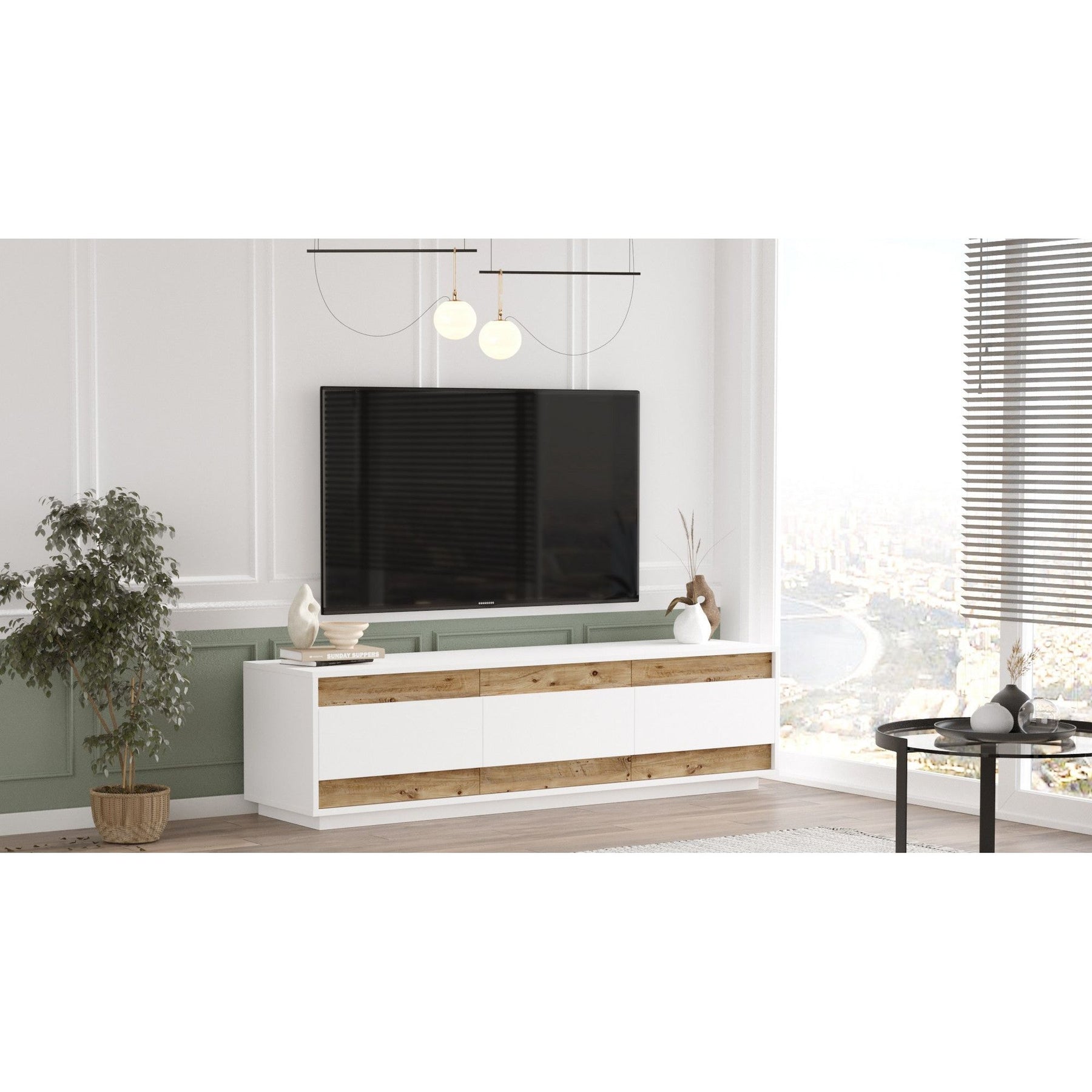 Comoda TV FR4-AW, alb/stejar, PAL, 180x45x49 cm