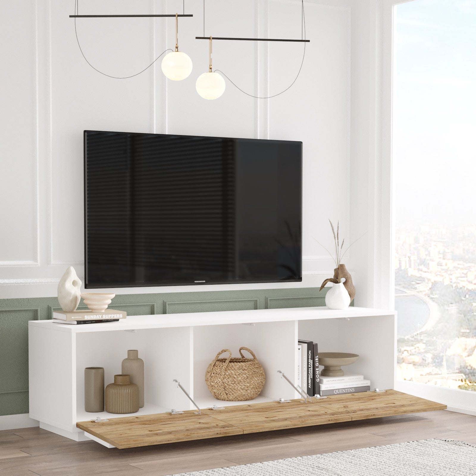 Comoda TV FR4-AW, alb/stejar, PAL, 180x45x49 cm
