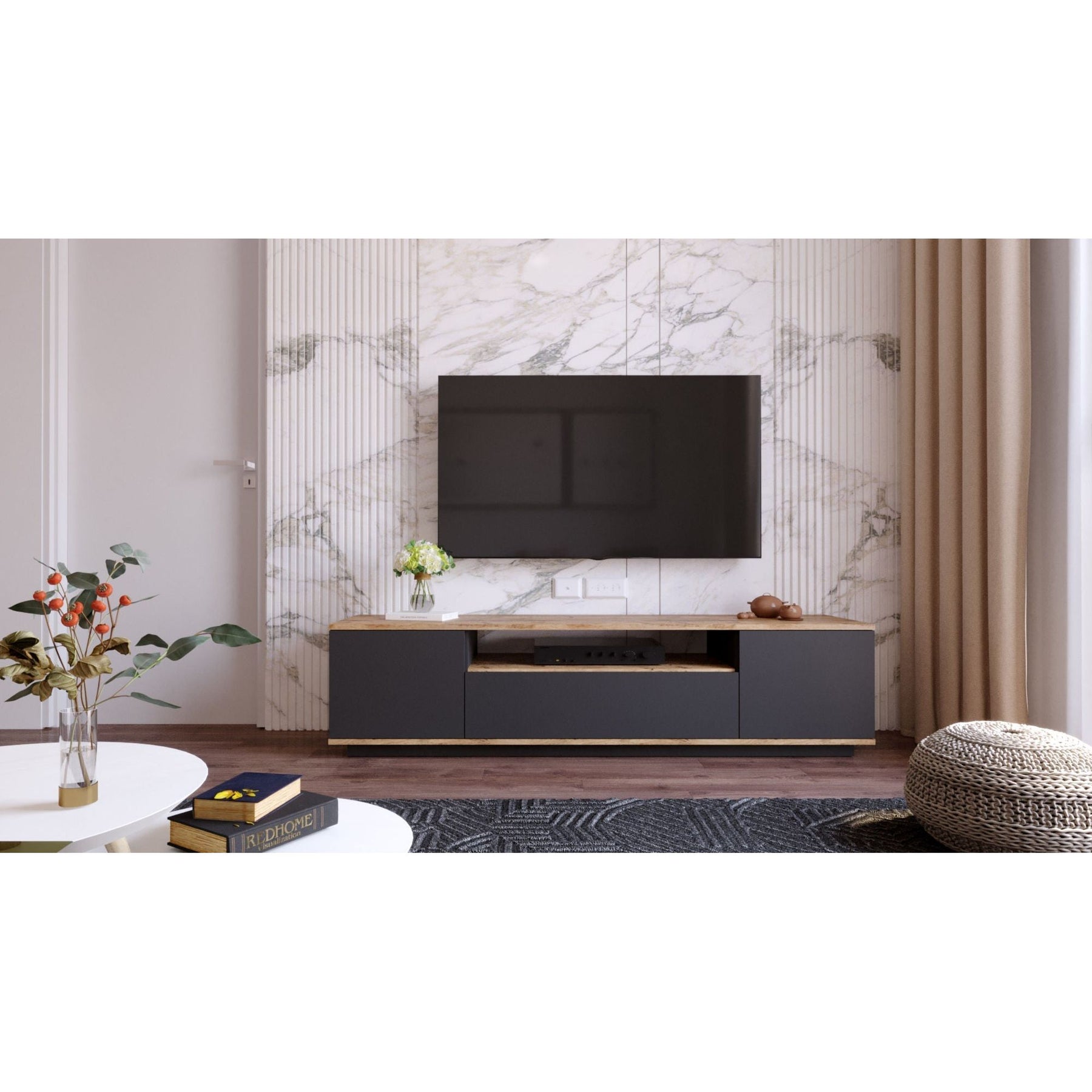Comoda TV FR7 - AA, din PAL melaminat, gri antracit, 180x45x45 cm