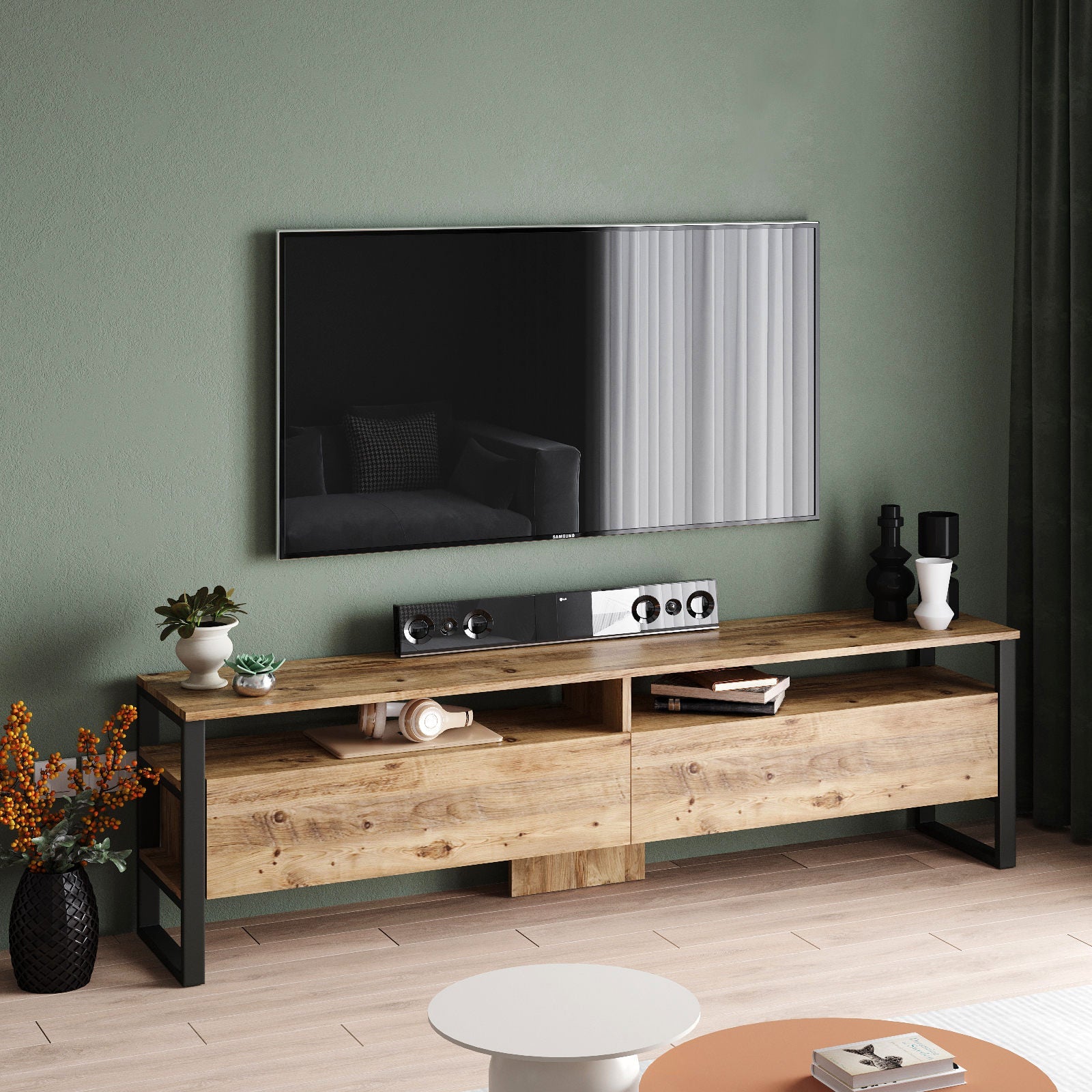 Comoda TV ML19-A, stejar, PAL melaminat, 180x56x36 cm