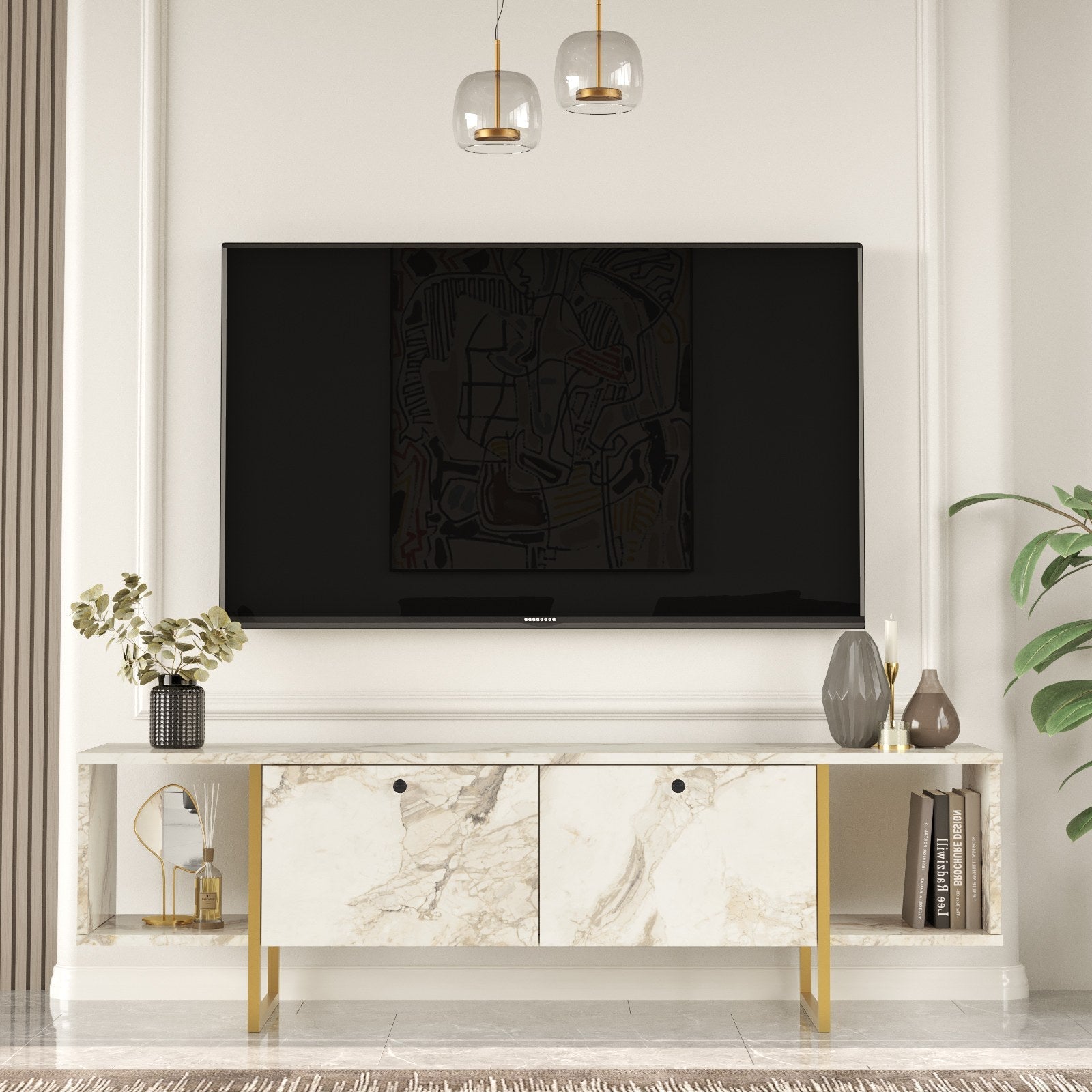 Comoda TV VG30-GE, imprimeu marmura/auriu, PAL melaminat/metal, 160x40x48 cm