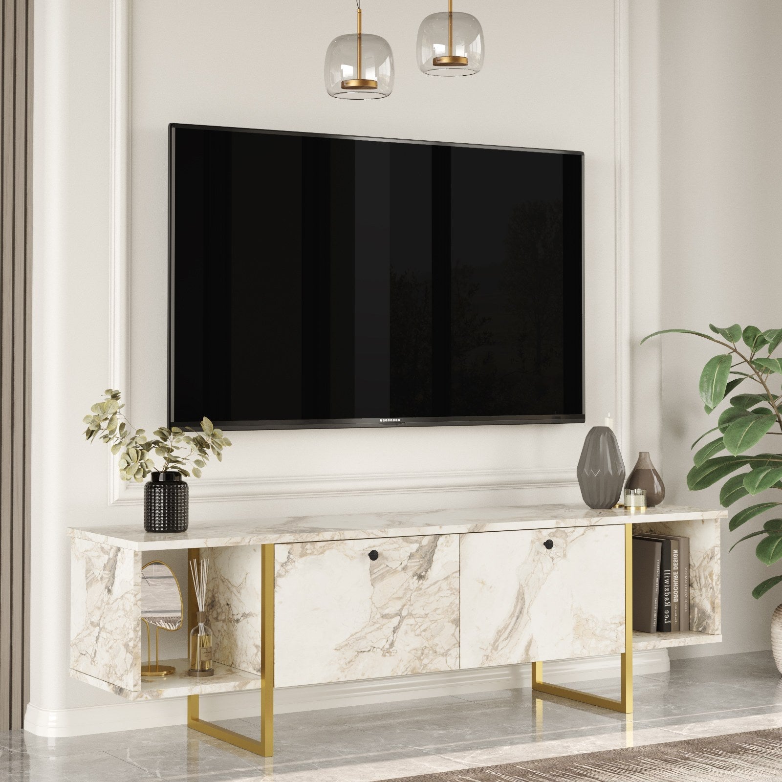 Comoda TV VG30-GE, imprimeu marmura/auriu, PAL melaminat/metal, 160x40x48 cm