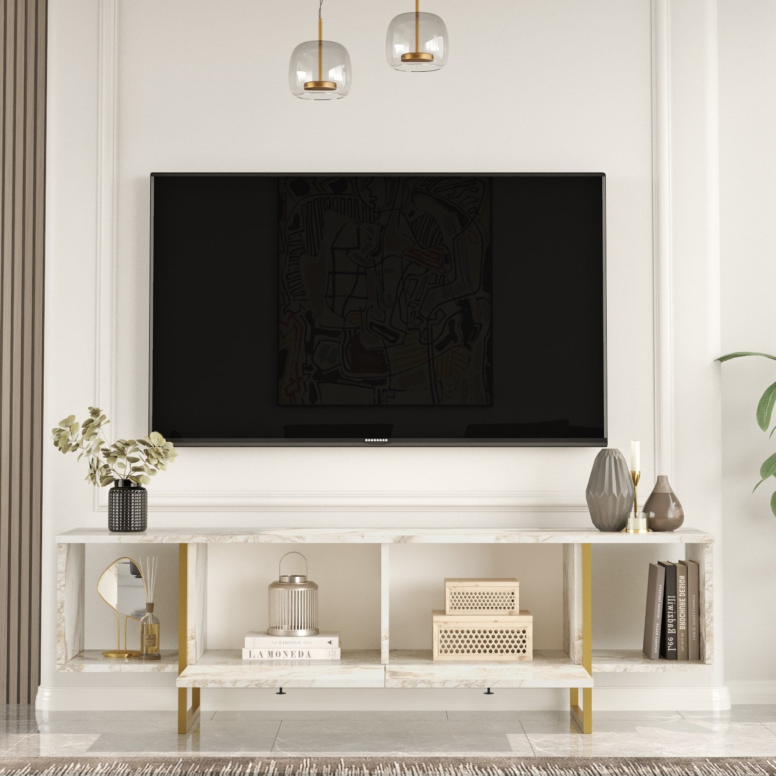 Comoda TV VG30-GE, imprimeu marmura/auriu, PAL melaminat/metal, 160x40x48 cm