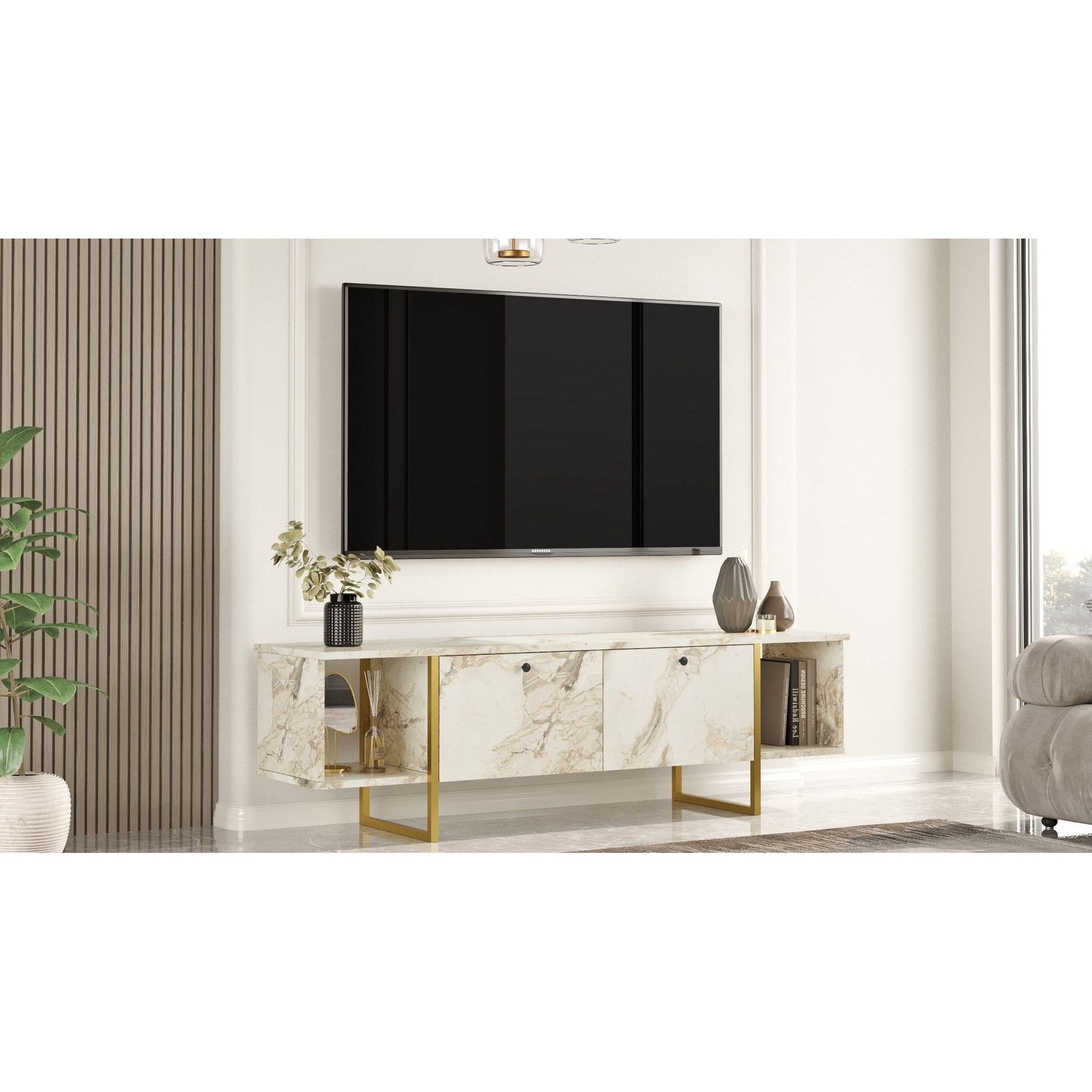 Comoda TV VG30-GE, imprimeu marmura/auriu, PAL melaminat/metal, 160x40x48 cm