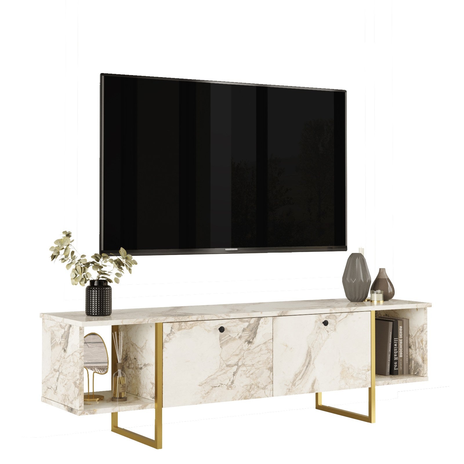 Comoda TV VG30-GE, imprimeu marmura/auriu, PAL melaminat/metal, 160x40x48 cm