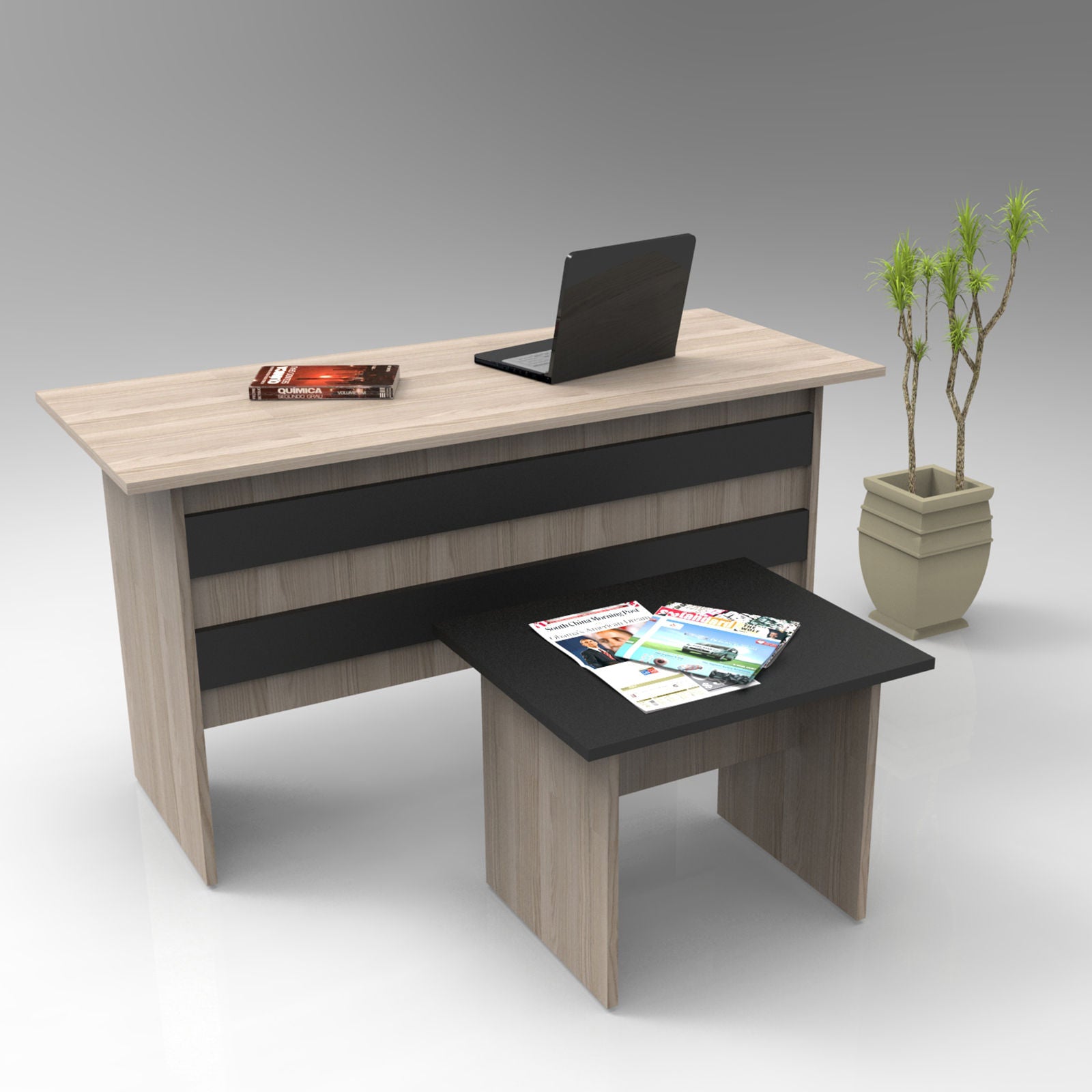 Set mobilier birou VO8 - OB, birou si masuta, stejar/gri, PAL melaminat