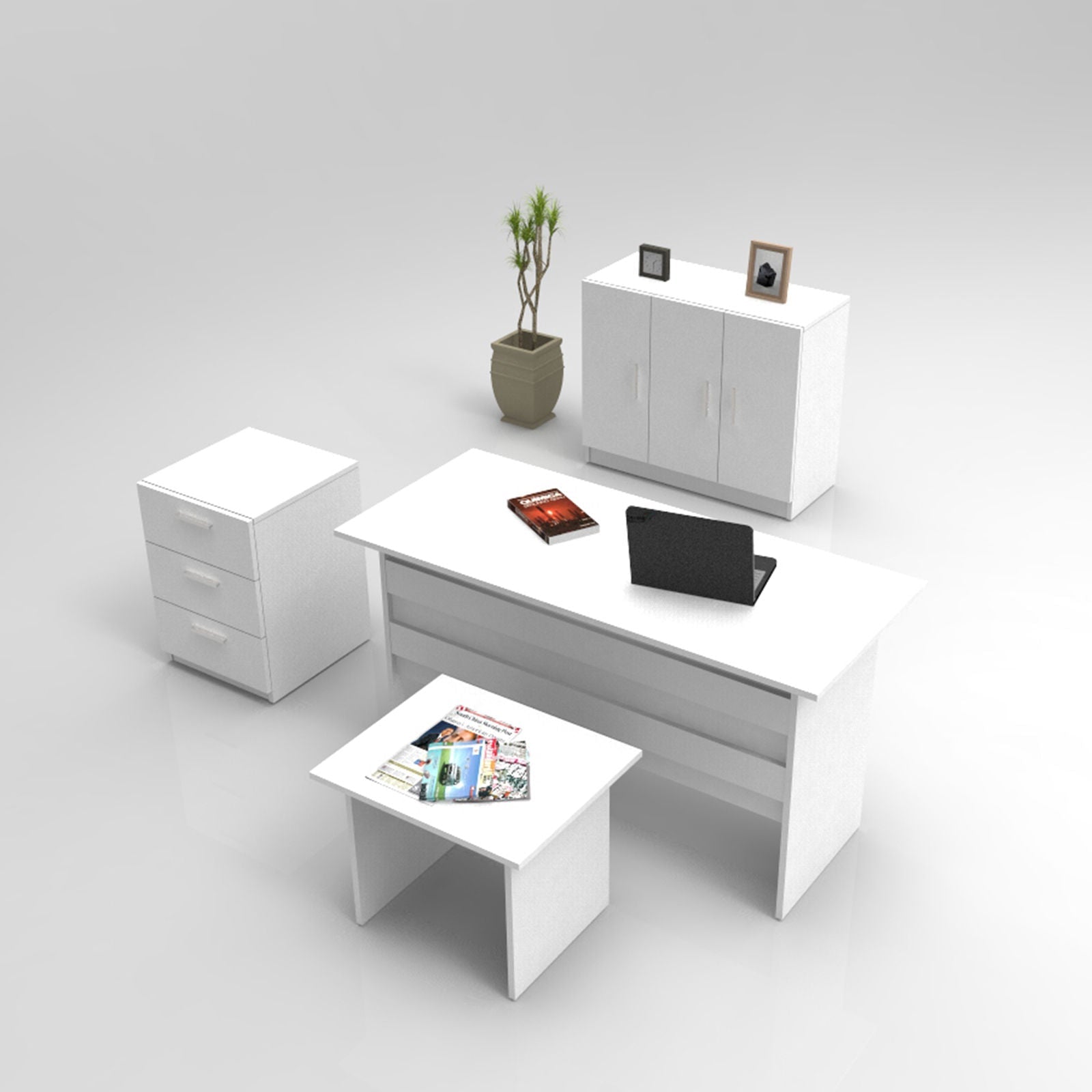 Set mobilier birou VO12 - W, 4 piese, alb, PAL melaminat