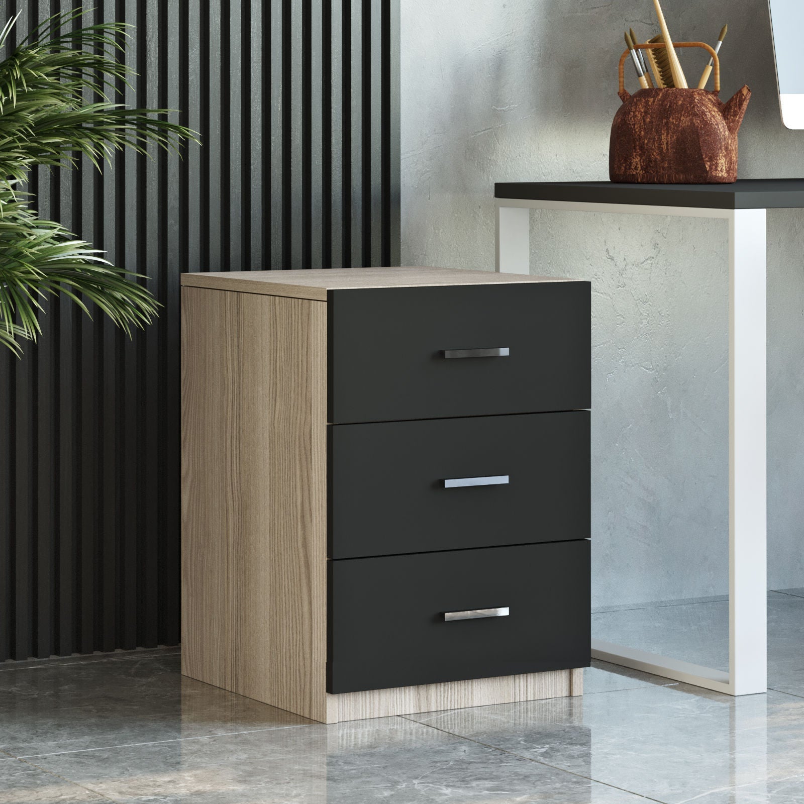 Set mobilier birou VO14 - OB, 5 piese, stejar/negru, PAL melaminat