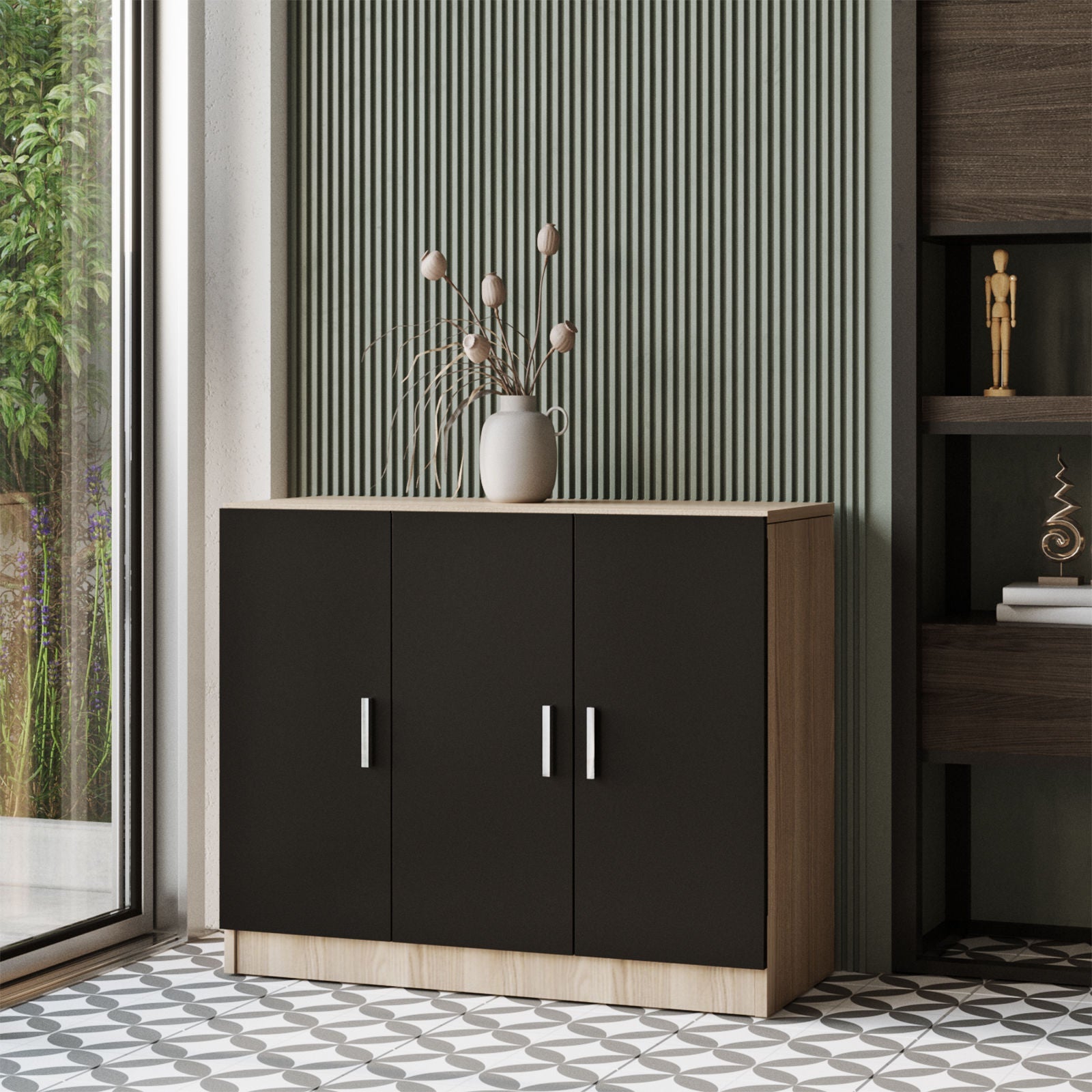 Set mobilier birou VO14 - OB, 5 piese, stejar/negru, PAL melaminat