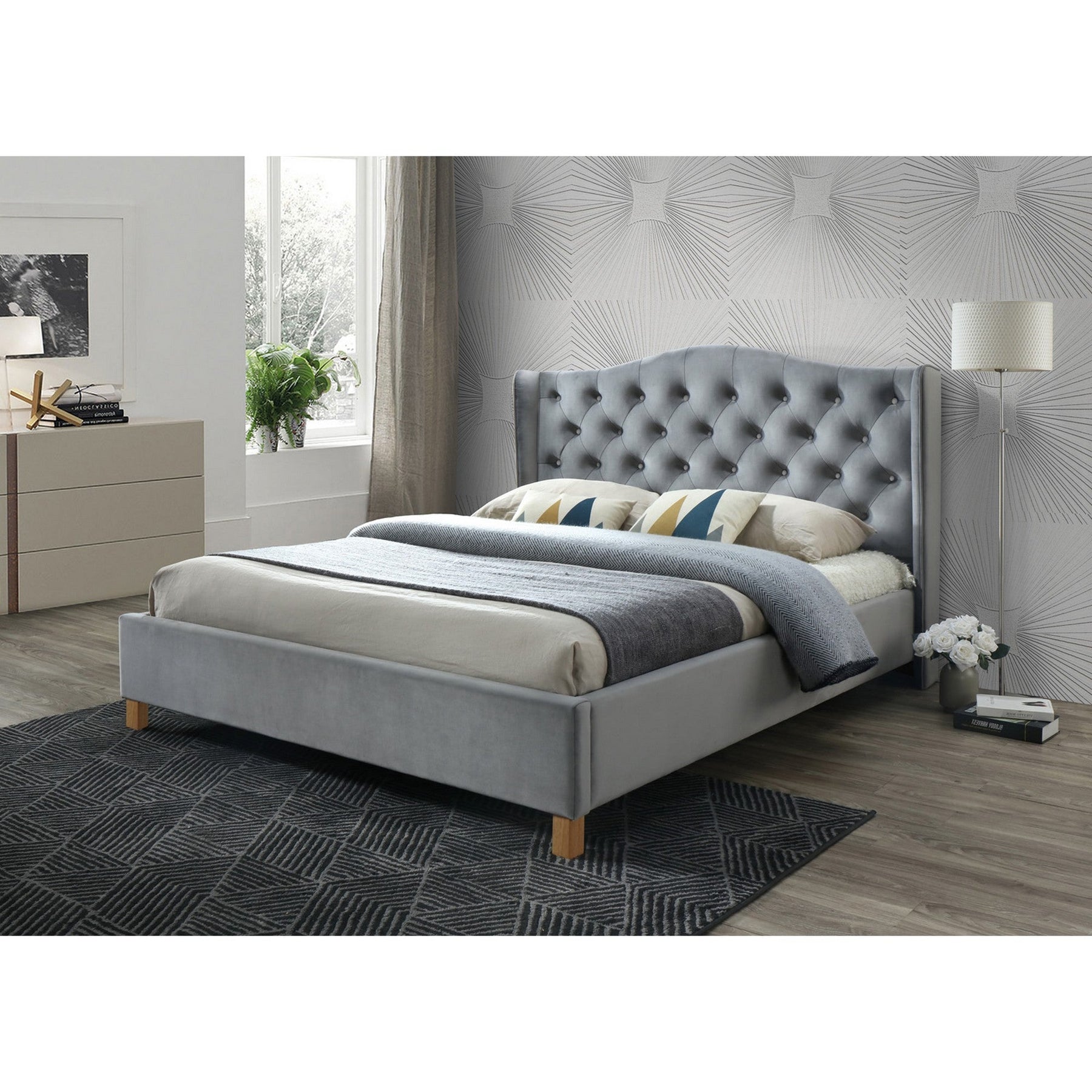Pat ASPEN 160x200 catifea gri/stejar BLUVEL 14, cu somiera inclusa