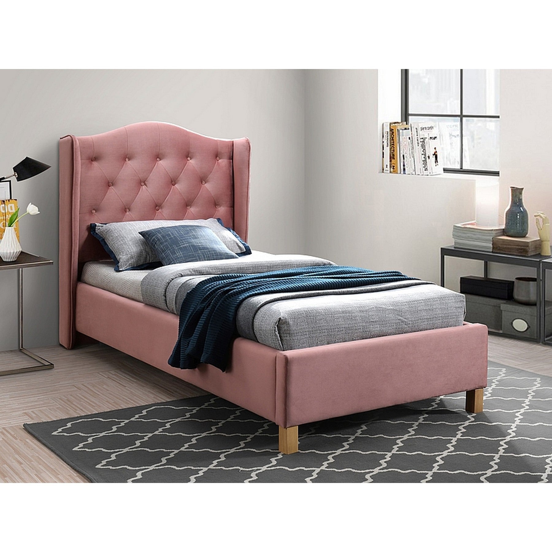 Pat ASPEN 90x200 catifea roz, cu somiera inclusa