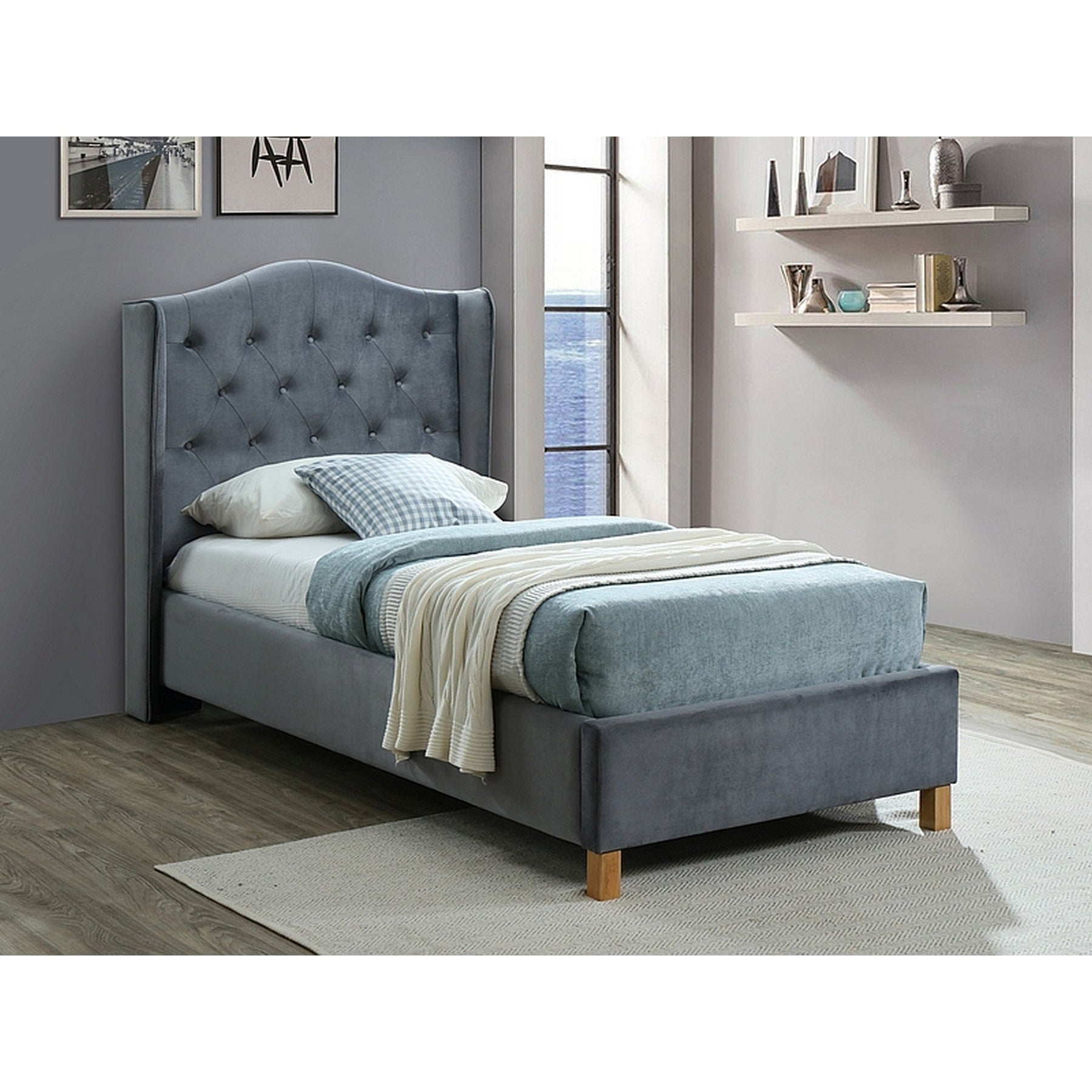 Pat ASPEN 90x200 catifea gri, cu somiera inclusa