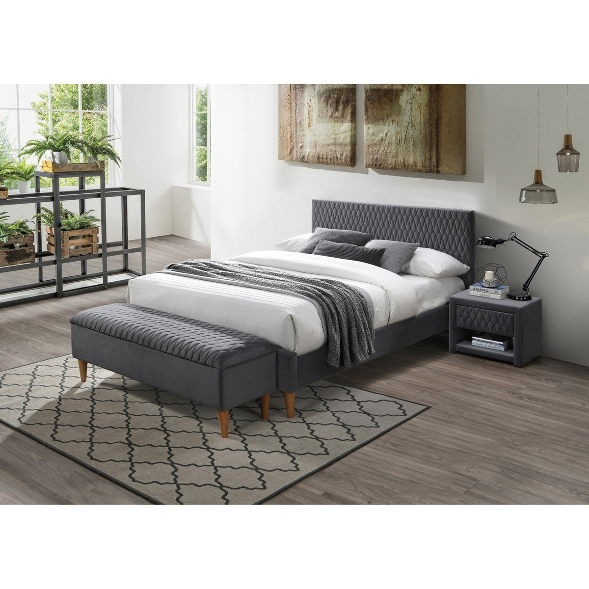 Pat AZURRO 140x200 catifea gri/stejar BLUVEL 14, cu somiera inclusa