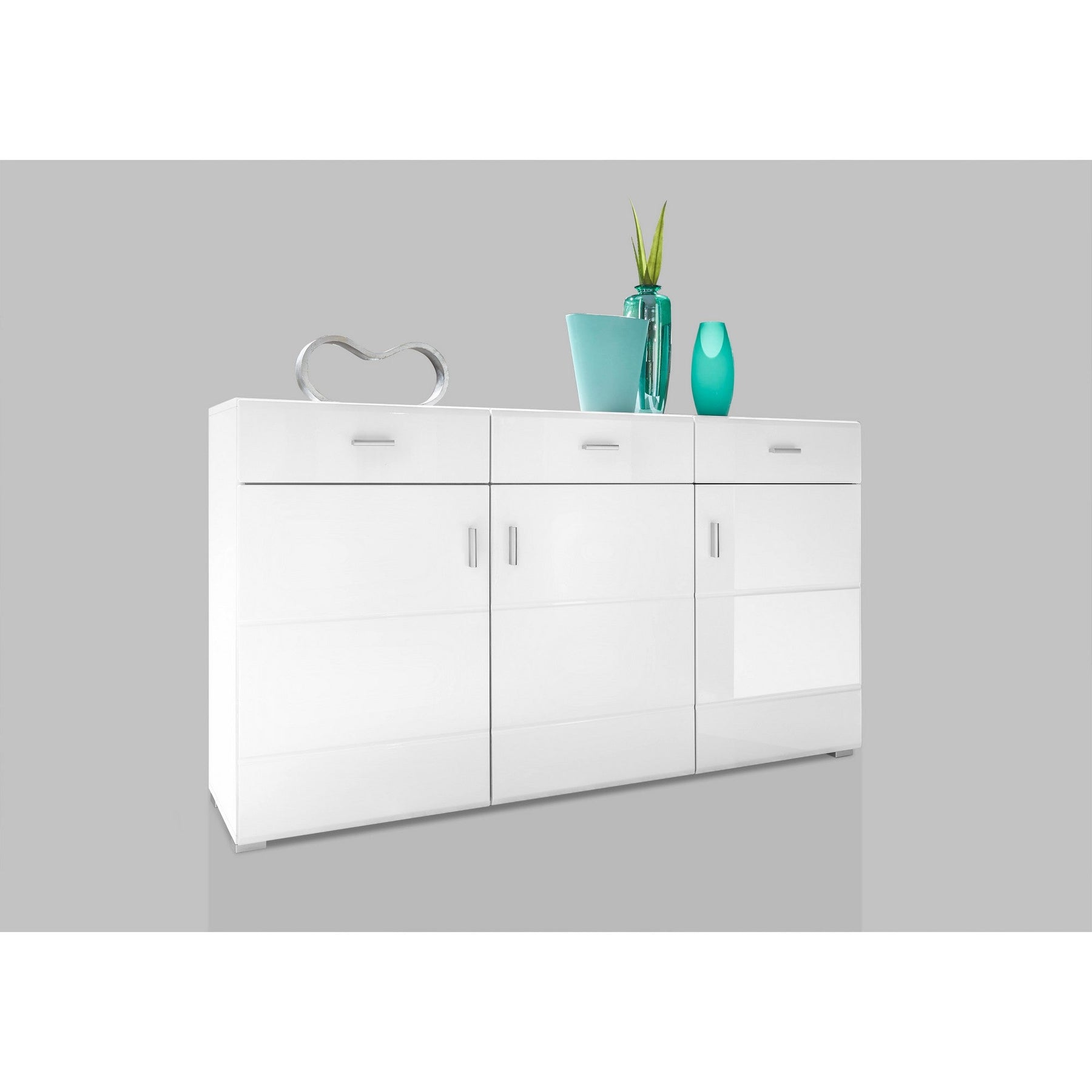 Comoda alba lucios ENRIQUE, 3 usi si 3 sertare, 150x42x86 cm.
