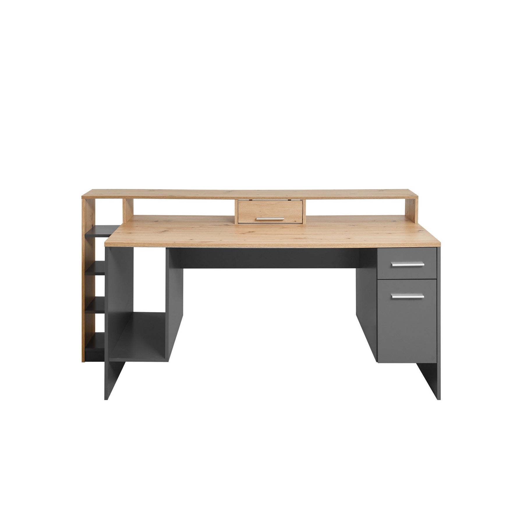 Birou gaming HIGHSCORE 4, stejar artizan/gri grafit, cu iluminare, 182x70x92 cm.
