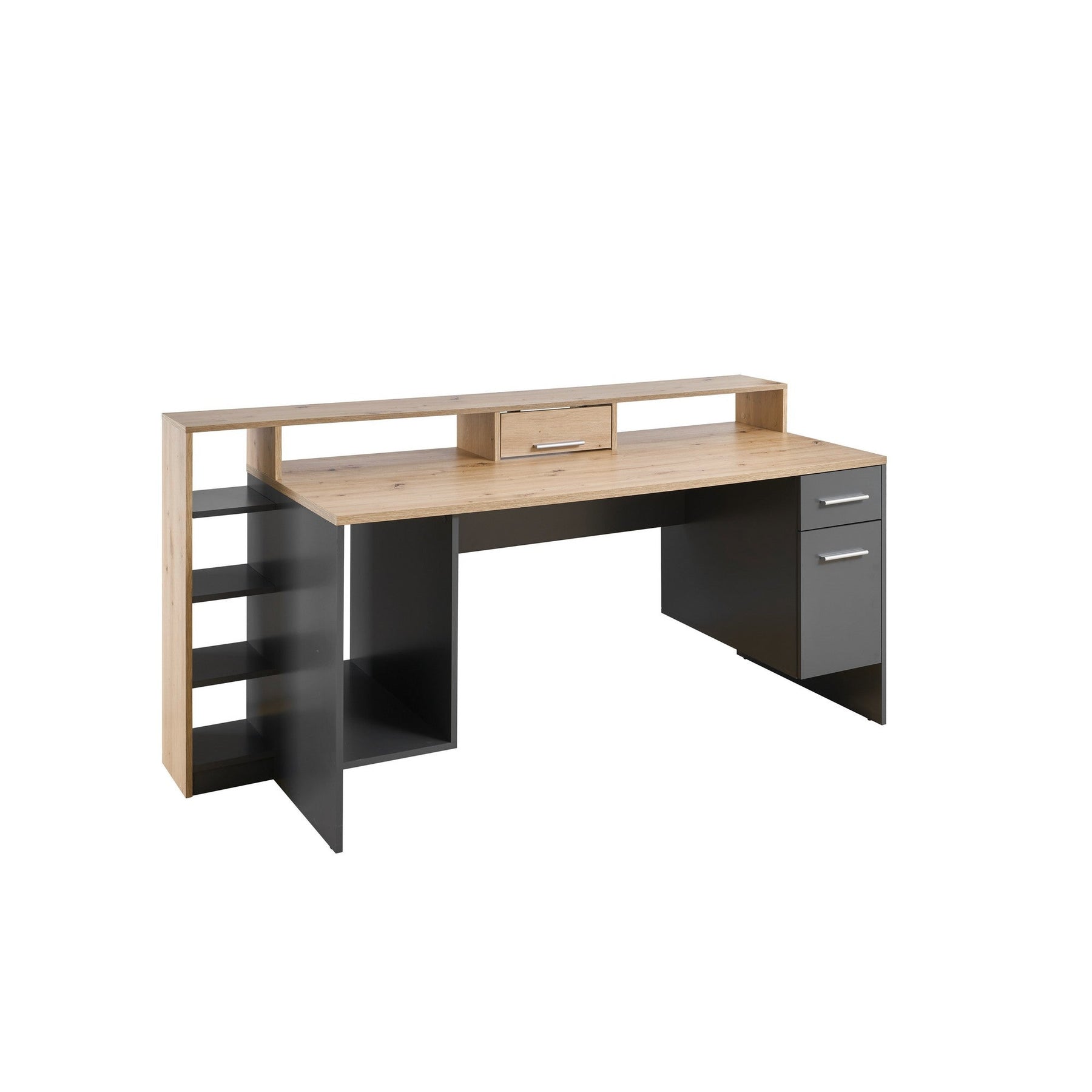 Birou gaming HIGHSCORE 4, stejar artizan/gri grafit, cu iluminare, 182x70x92 cm.