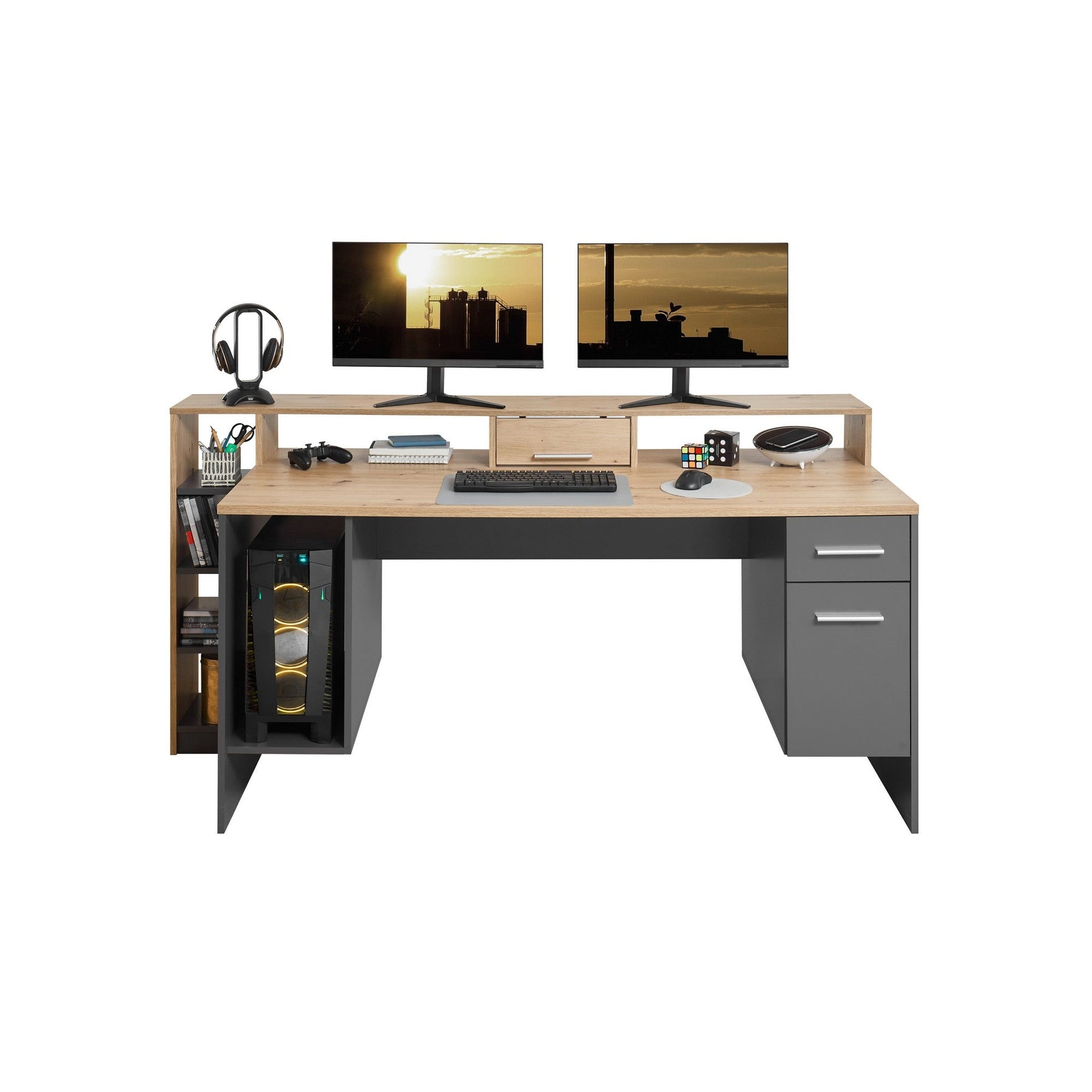 Birou gaming HIGHSCORE 4, stejar artizan/gri grafit, cu iluminare, 182x70x92 cm.