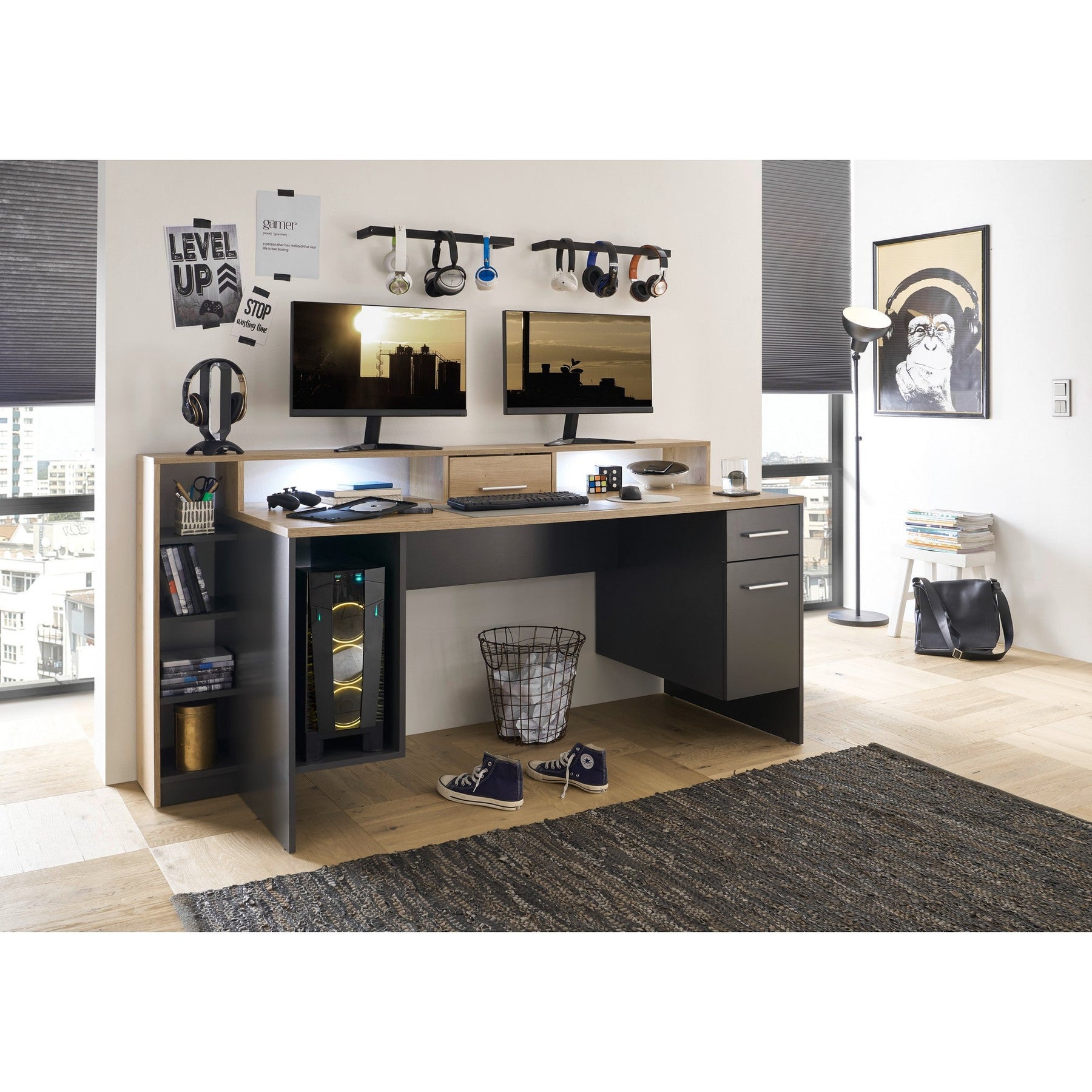Birou gaming HIGHSCORE 4, stejar artizan/gri grafit, cu iluminare, 182x70x92 cm.