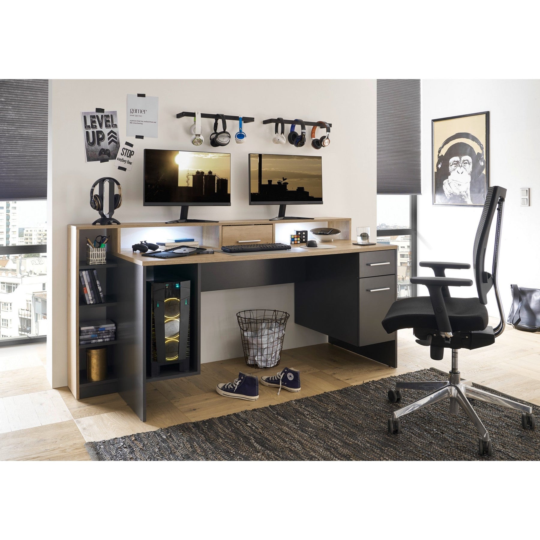 Birou gaming HIGHSCORE 4, stejar artizan/gri grafit, cu iluminare, 182x70x92 cm.