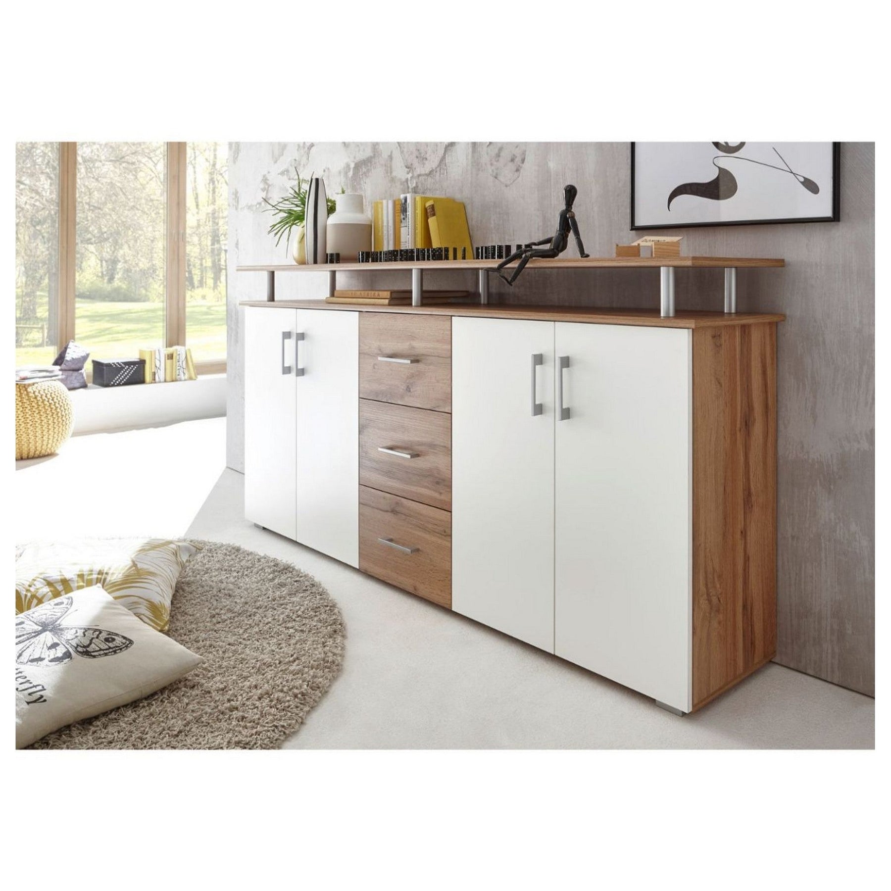 Comoda cu 4 usi si 3 sertare LIFT, stejar wotan /alb, 180X38X90 CM.