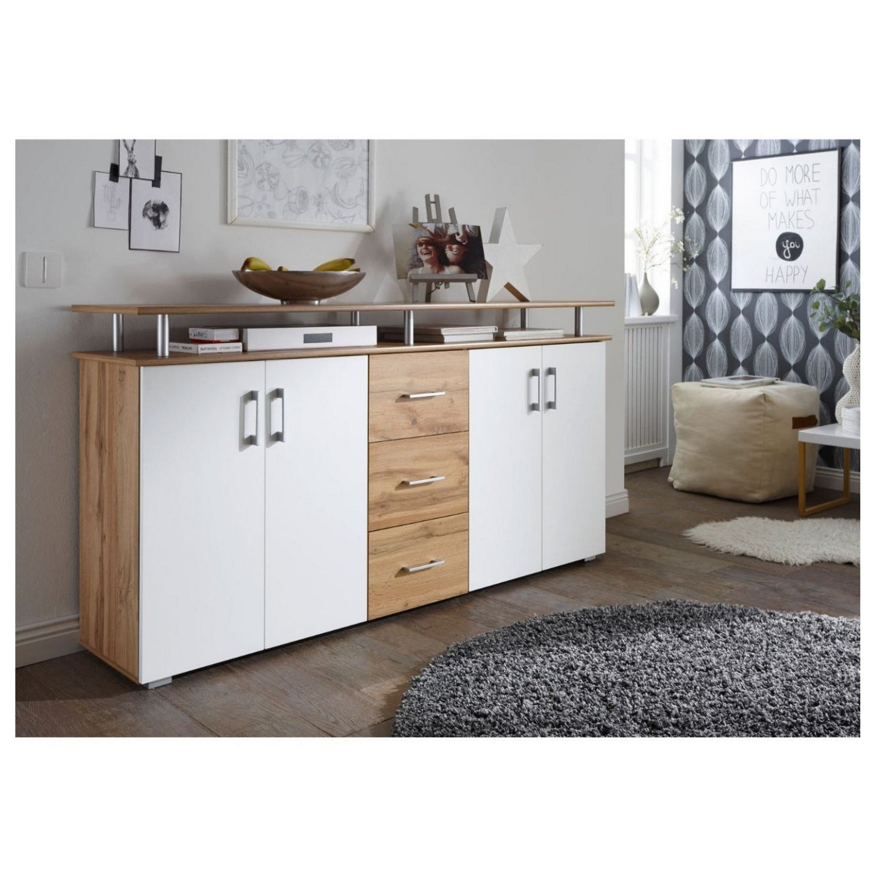 Comoda cu 4 usi si 3 sertare LIFT, stejar wotan /alb, 180X38X90 CM.