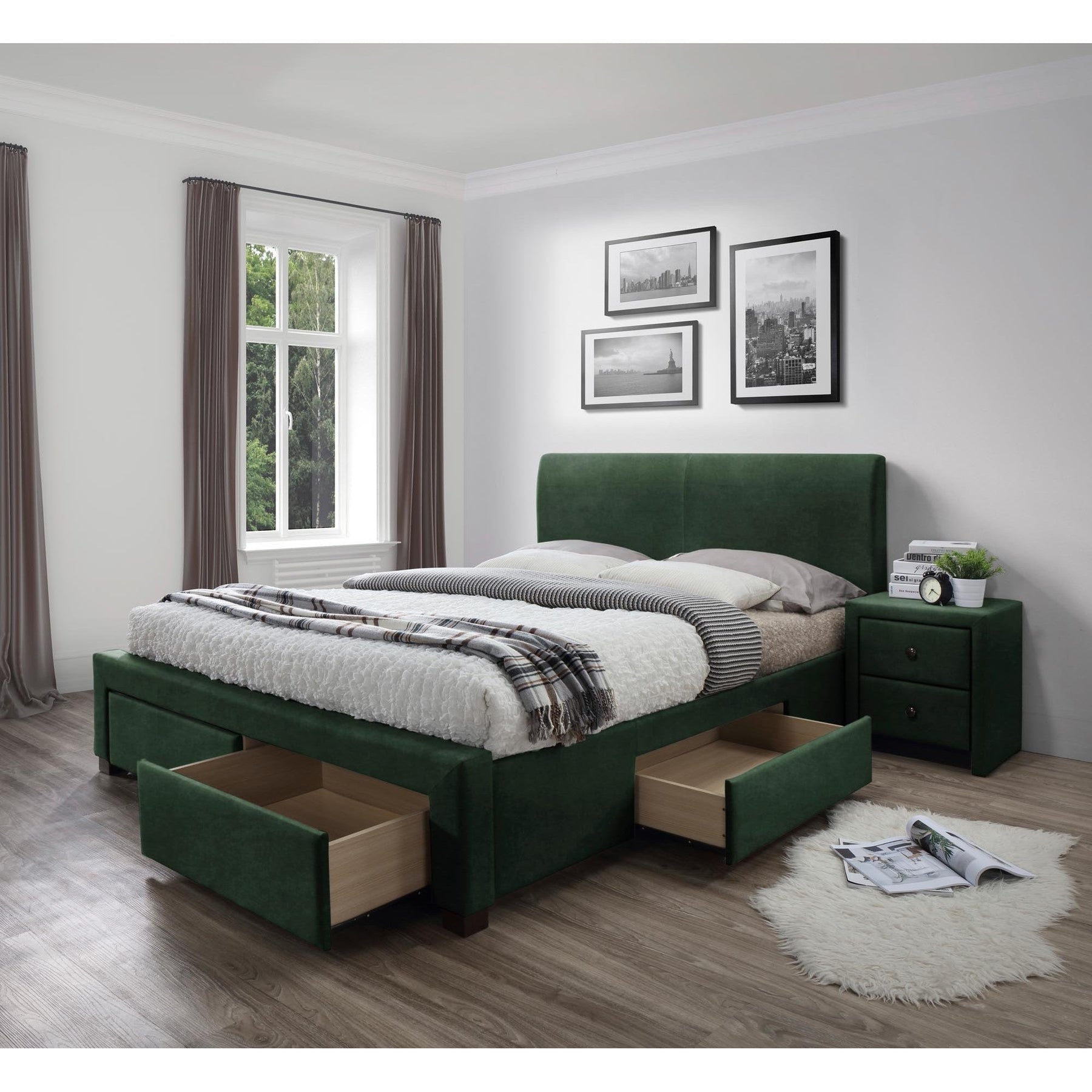 Pat MODENA 3 160 cm cu sertare catifea verde, somiera inclusa
