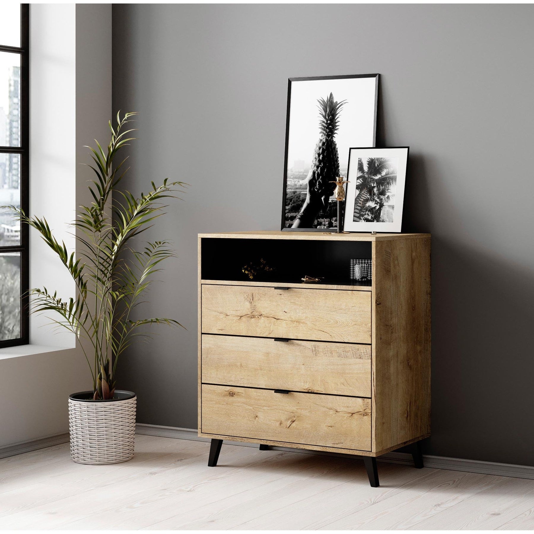 Comoda NEST KM-2, stejar/negru, 80x45x80 cm
