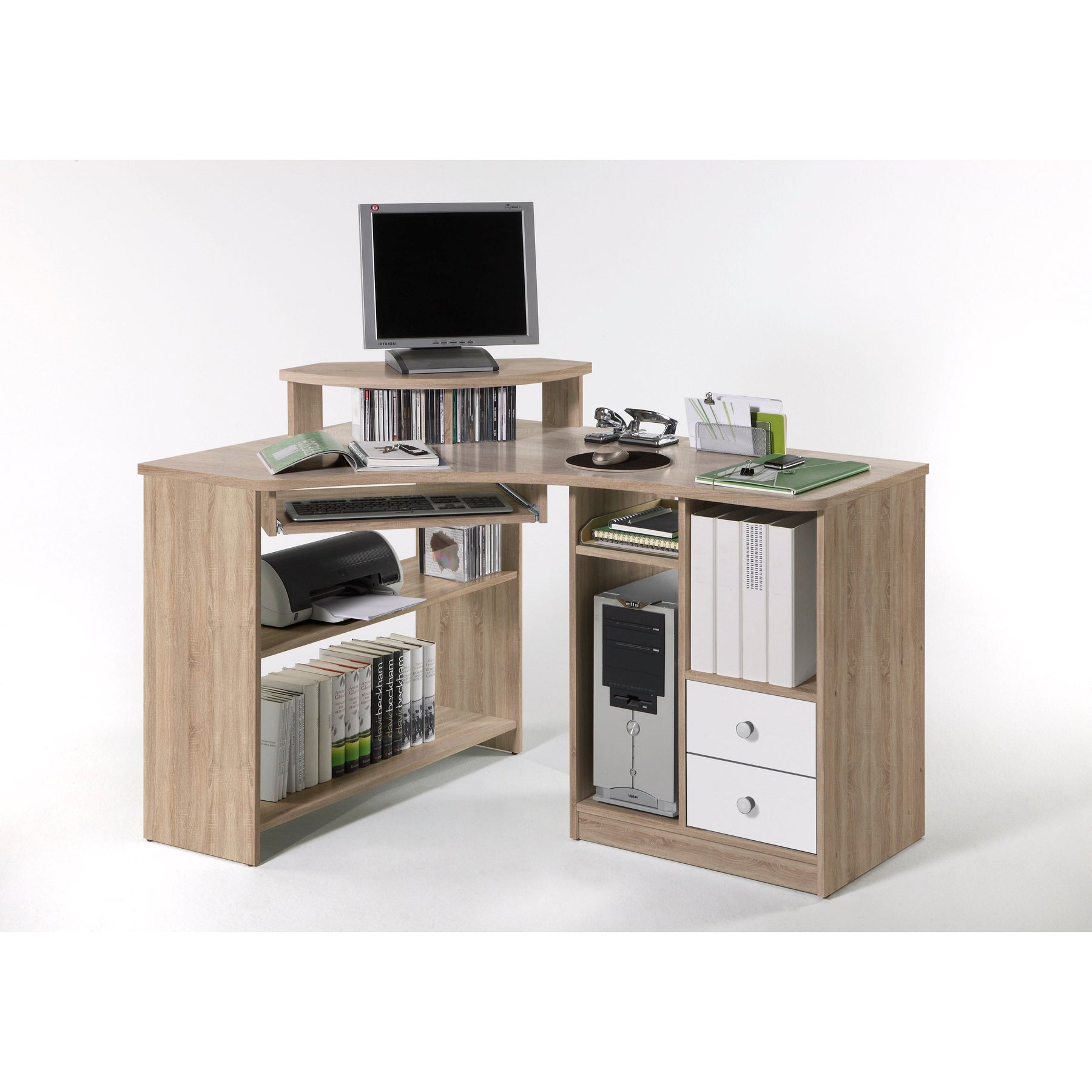 Birou pe colt TANGA cu raft pentru tastatura, sonoma/alb, 137x95x94 cm.
