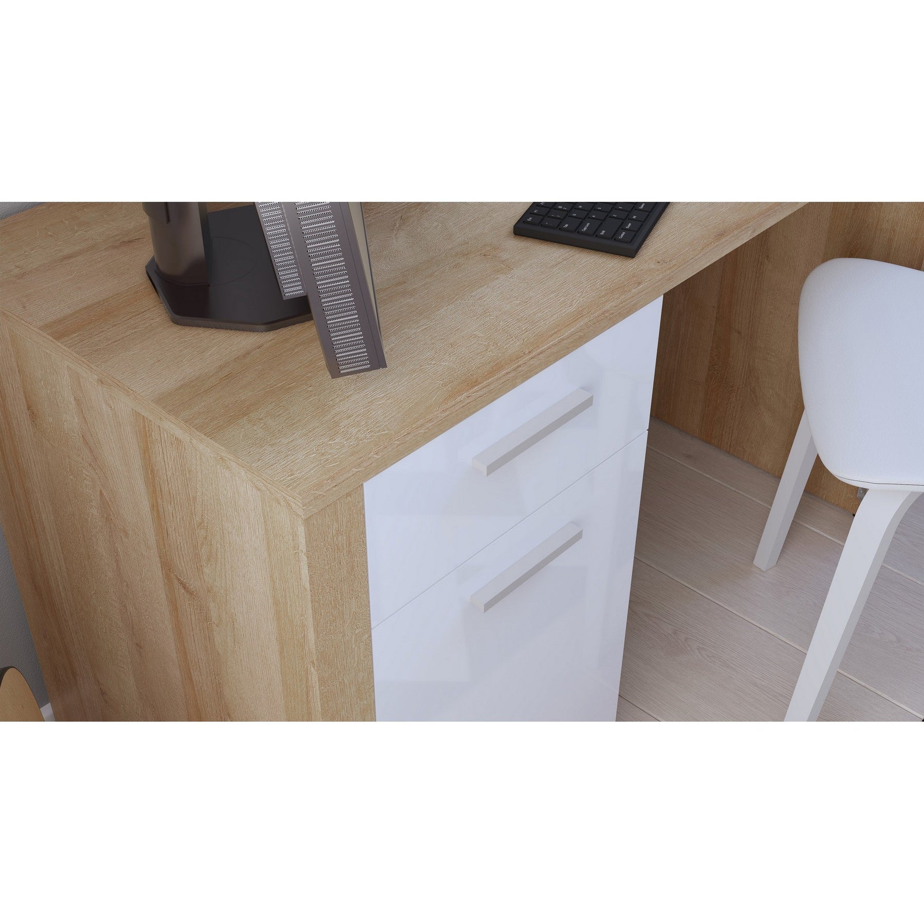 Birou calculator BALDER, alb lucios/stejar riviera, 120x56x70 cm
