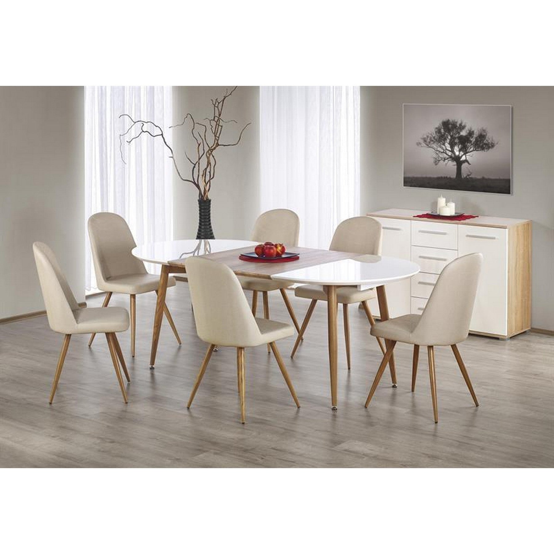 Masa ovala living alb cu honey oak Edward, 120/200X100X75 CM