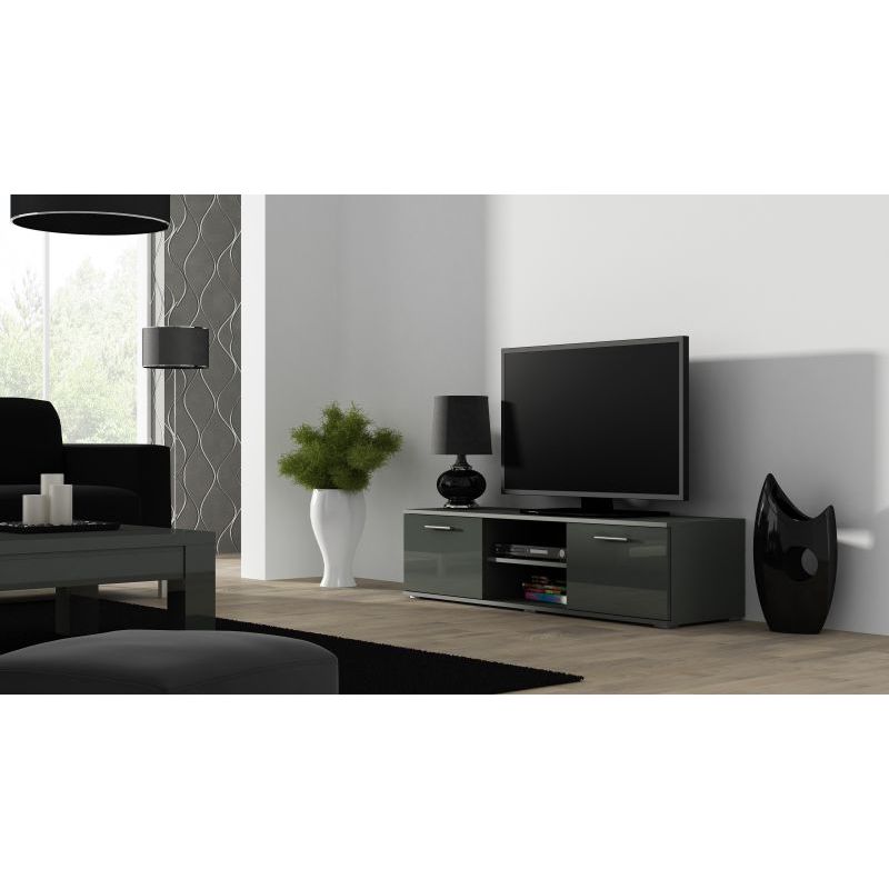 Comoda TV cu 2 usi si 2 spatii depozitare Soho RTV, gri lucios, 140x43x37 cm