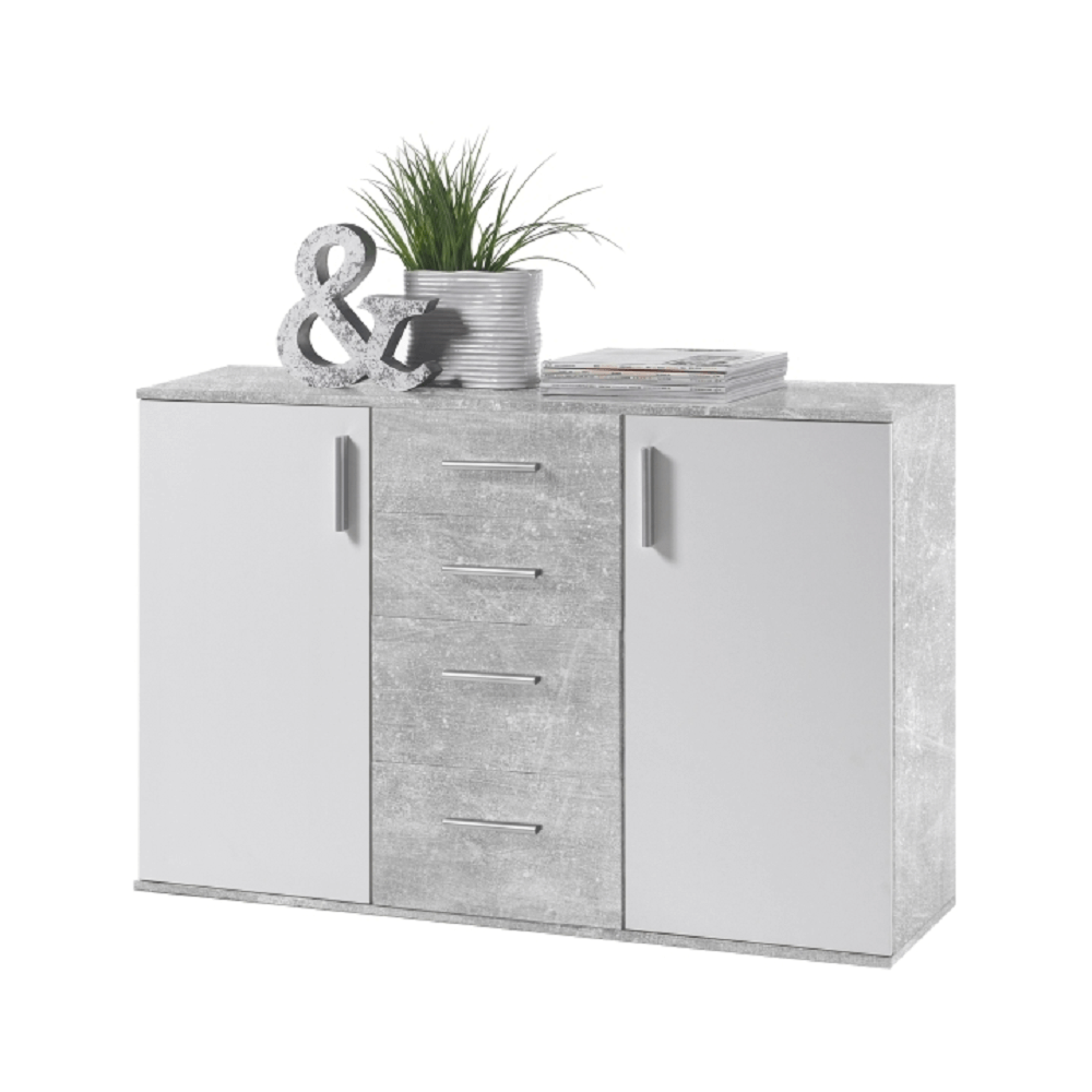 Comoda POPPY 5, 4 sertare si 2 usi, alb/beton, 120x82x35 cm.