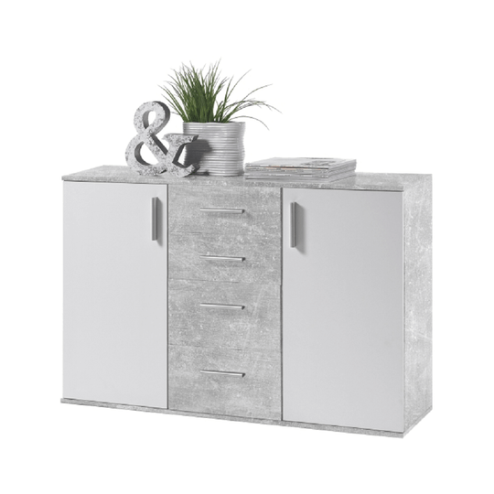 Comoda POPPY 5, 4 sertare si 2 usi, alb/beton, 120x82x35 cm