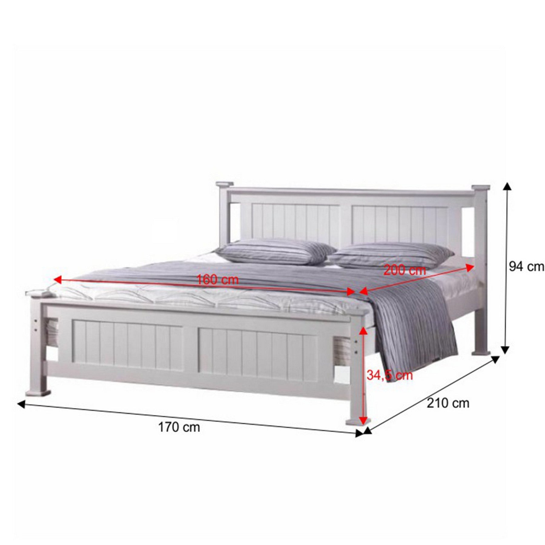 Pat 160x200 LUCAS NEW, lemn/metal, alb, cu somiera lamelara fixa, fara saltea, 170x210x94 cm